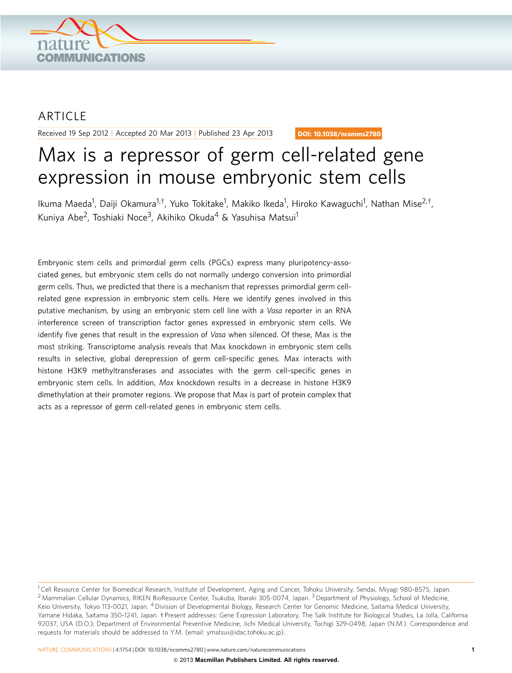 Max Is a Repressor of Germ Cell-Related Gene Expression in Mouse Embryonic Stem Cells