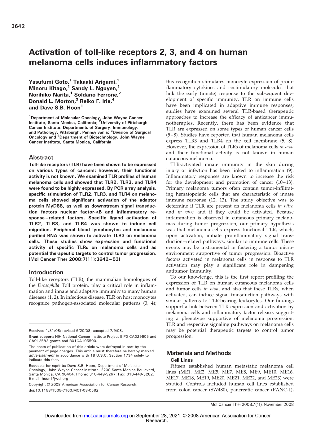 Activation of Toll-Like Receptors 2, 3, and 4 on Human Melanoma Cells Induces Inflammatory Factors