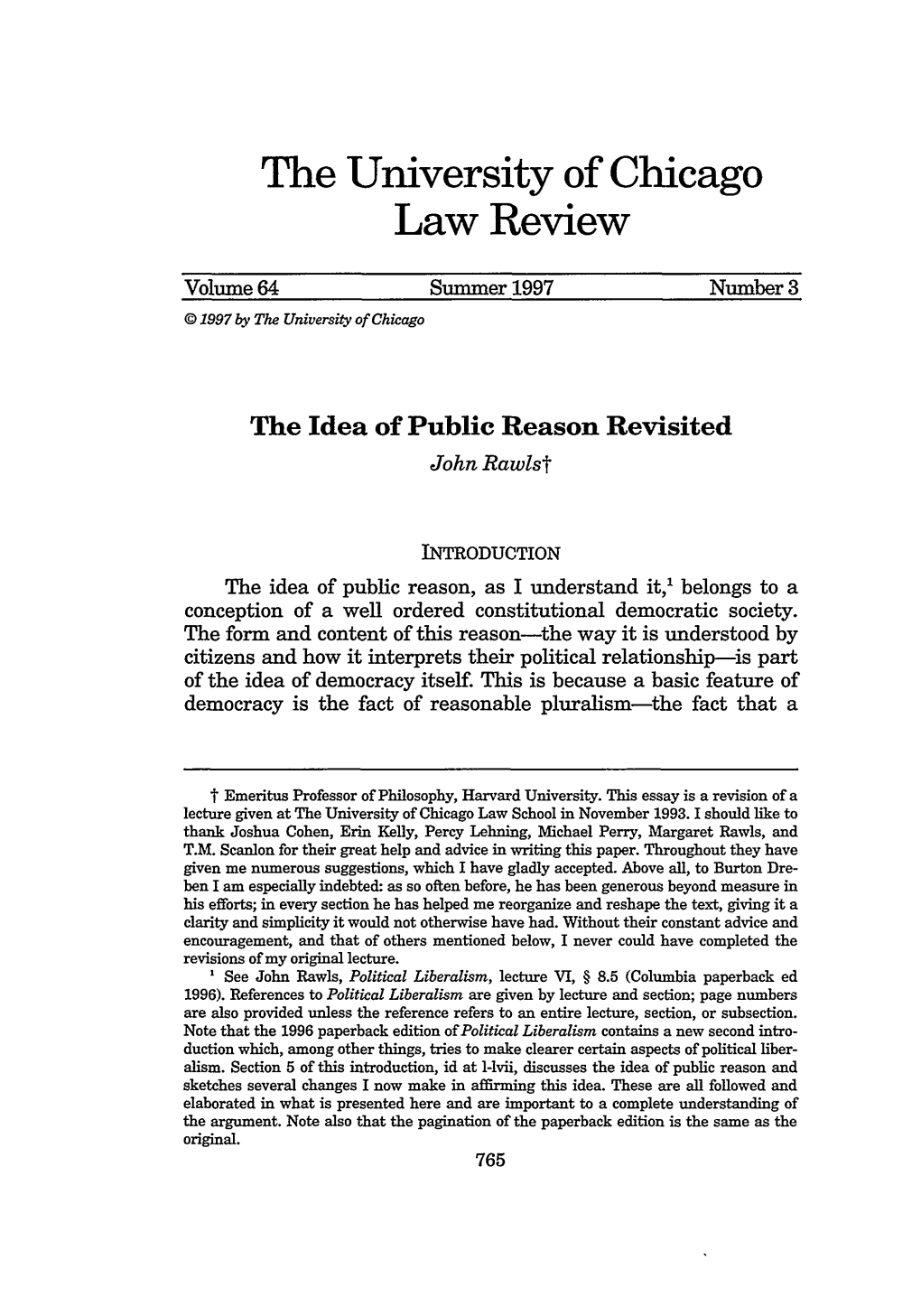 The Idea of Public Reason Revisited John Rawlst