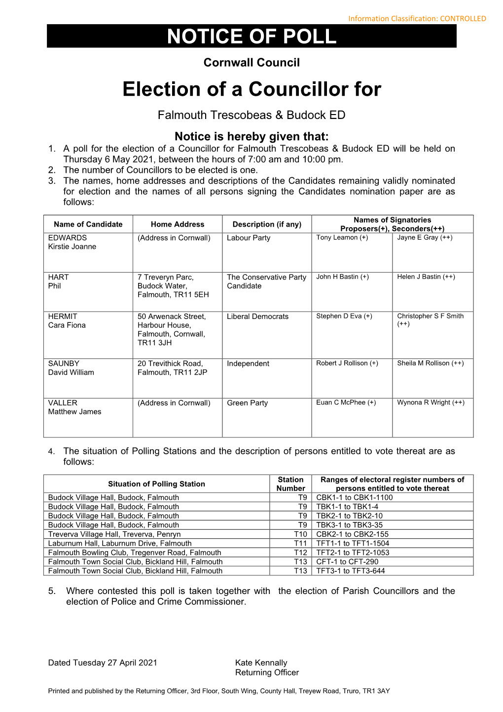 Election of a Cornwall Councillor for Falmouth Trescobeas Budock ED