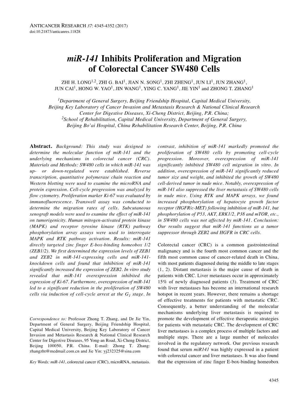 Mir-141 Inhibits Proliferation and Migration of Colorectal Cancer SW480 Cells ZHI H