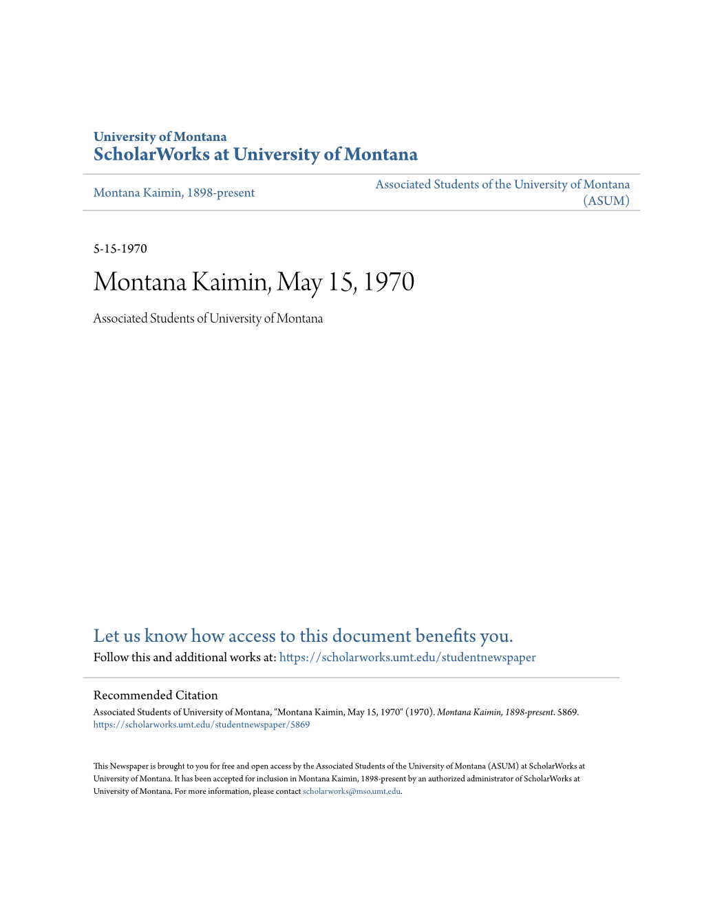 Montana Kaimin, May 15, 1970 Associated Students of University of Montana