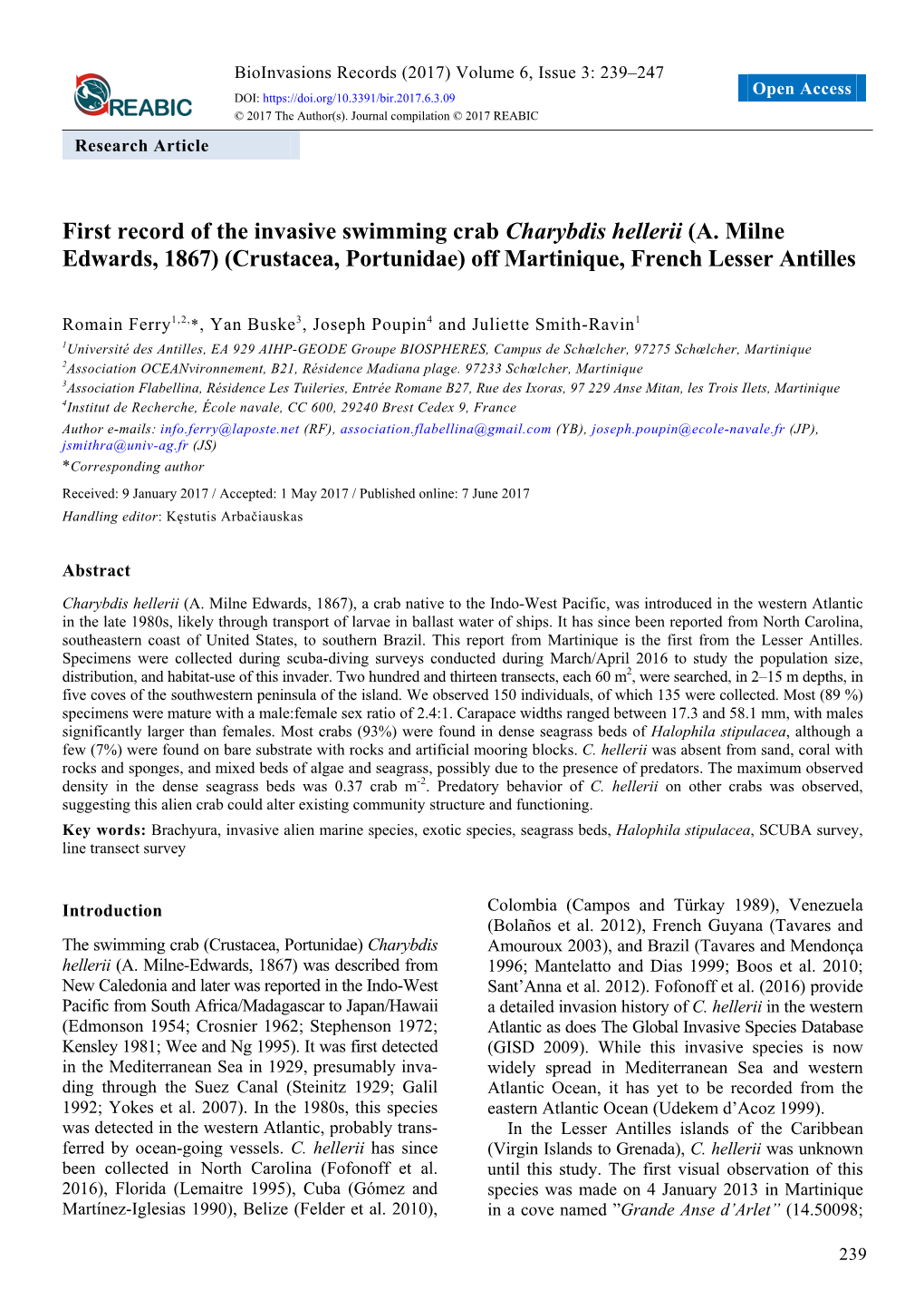 First Record of the Invasive Swimming Crab Charybdis Hellerii (A