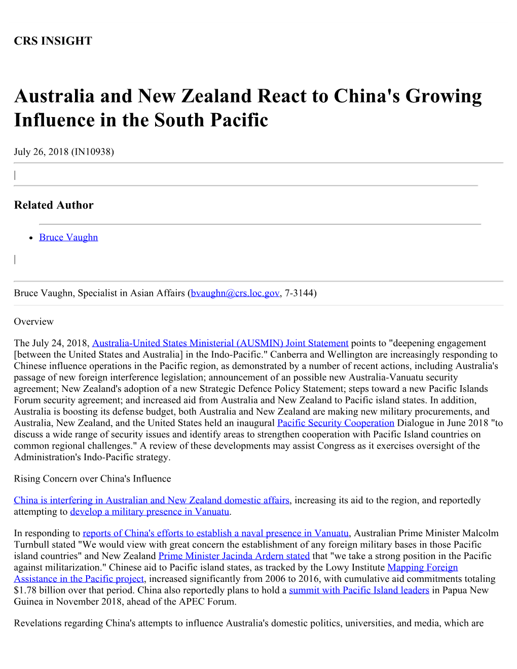 Australia and New Zealand React to China's Growing Influence in the South Pacific