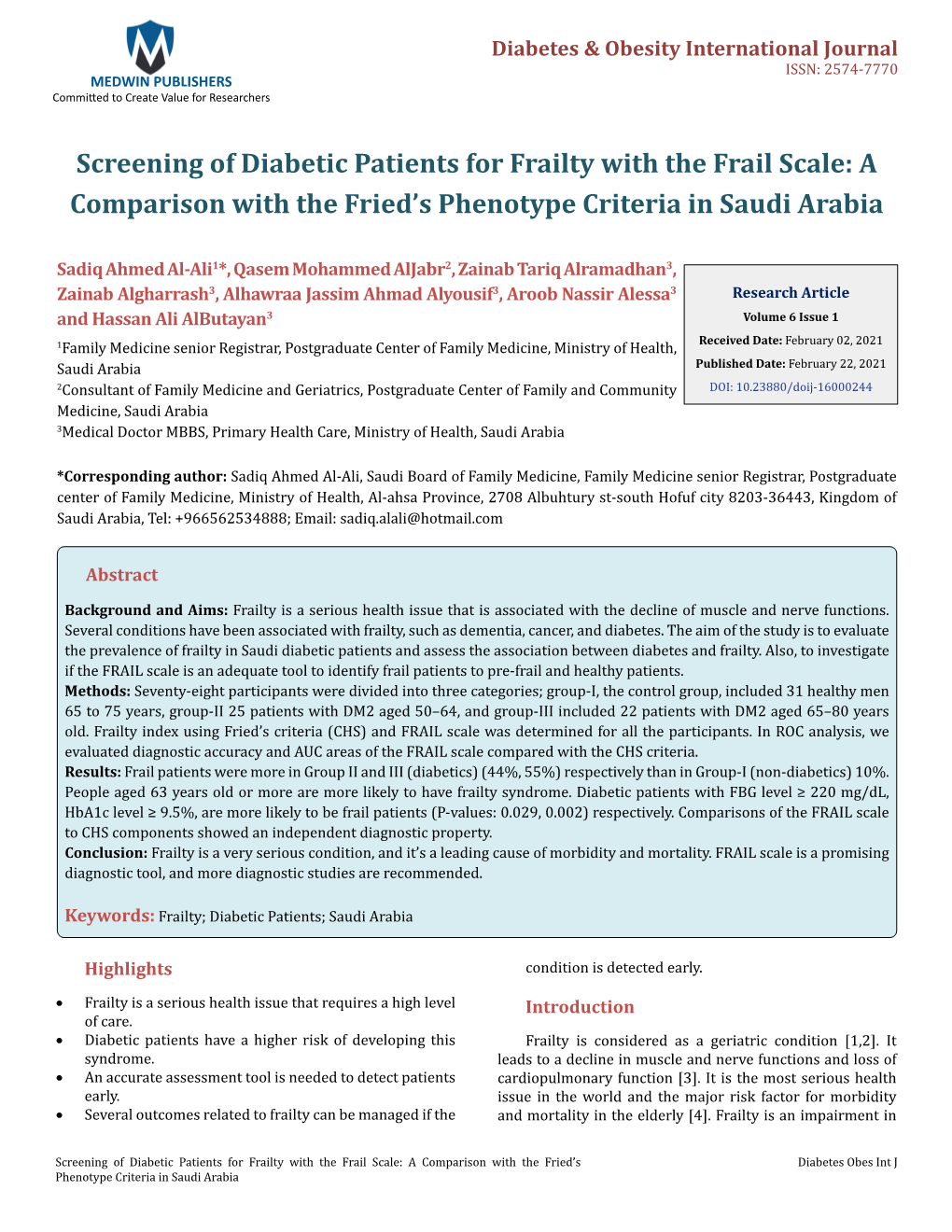 Sadiq Ahmed Al-Ali, Et Al. Screening of Diabetic Patients for Frailty with the Frail Scale: a Comparison with the Fried's Phen
