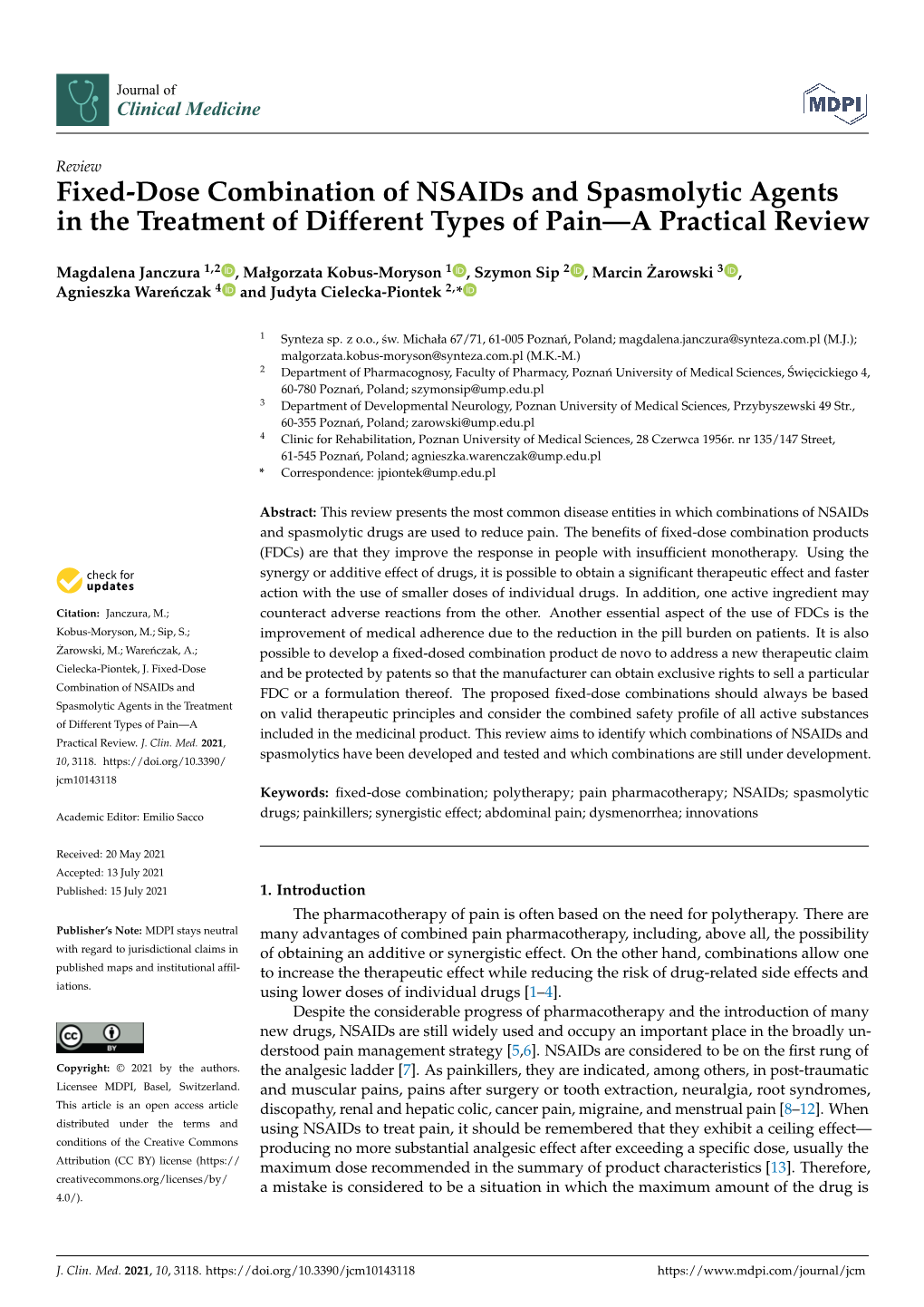 Fixed-Dose Combination of Nsaids and Spasmolytic Agents in the Treatment of Different Types of Pain—A Practical Review