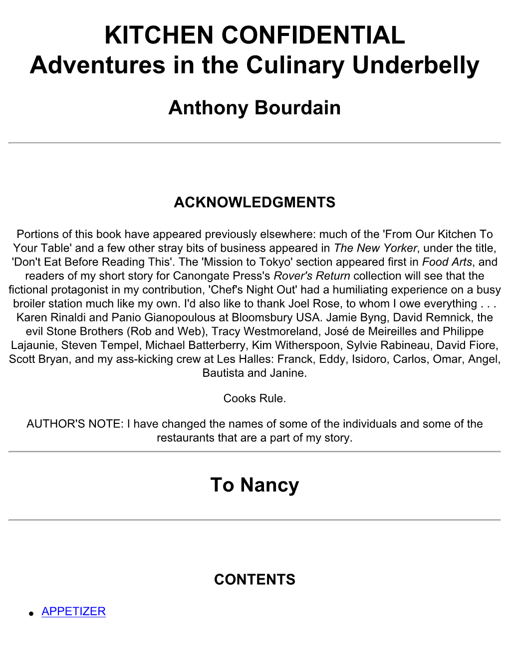 KITCHEN CONFIDENTIAL by Anthony Bourdain