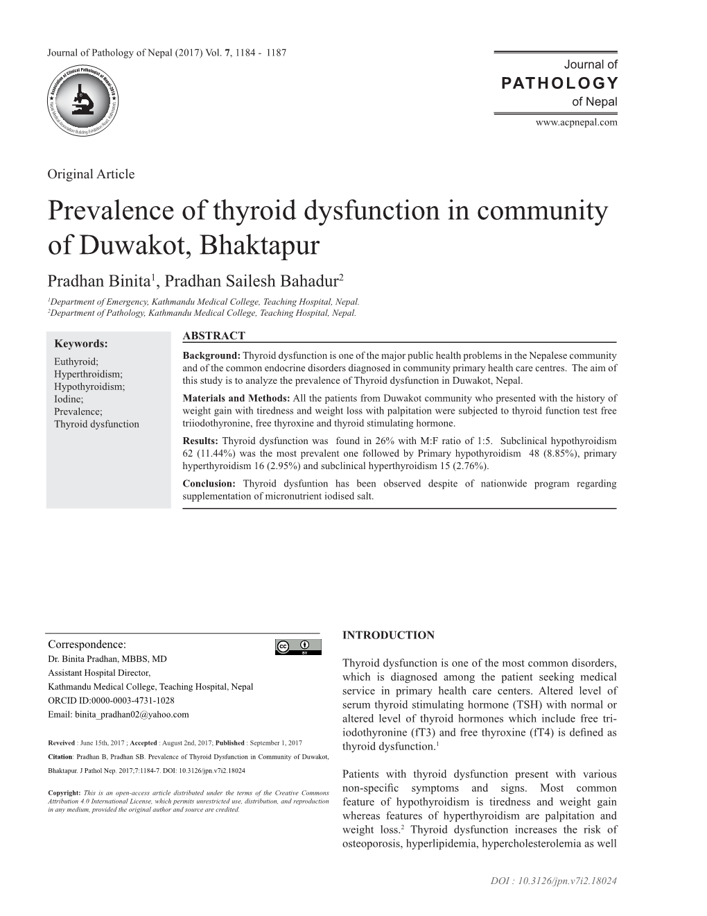 Prevalence of Thyroid Dysfunction in Community of Duwakot, Bhaktapur