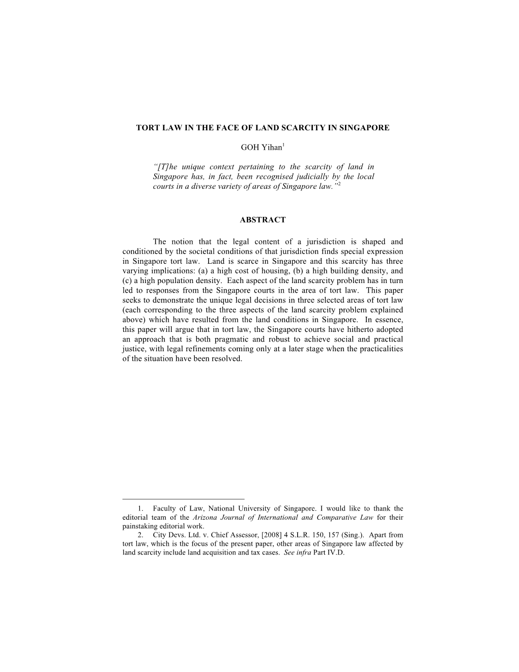 Tort Law in the Face of Land Scarcity in Singapore