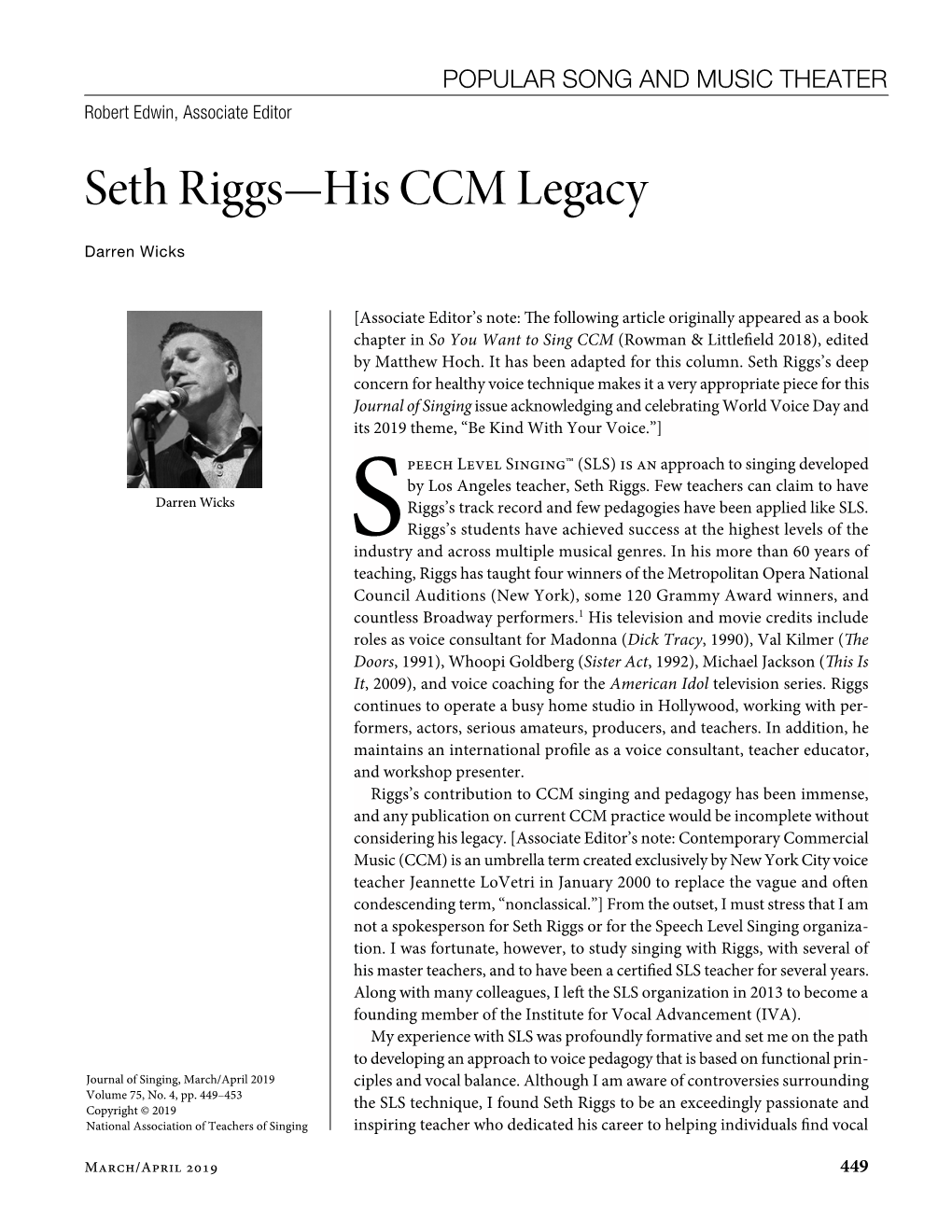 Seth Riggs—His CCM Legacy