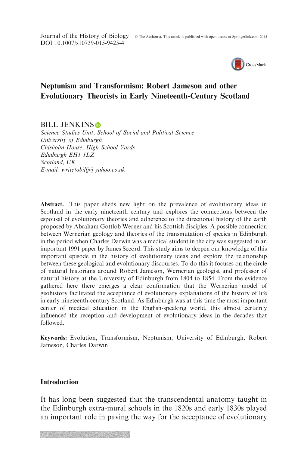 Neptunism and Transformism: Robert Jameson and Other Evolutionary Theorists in Early Nineteenth-Century Scotland