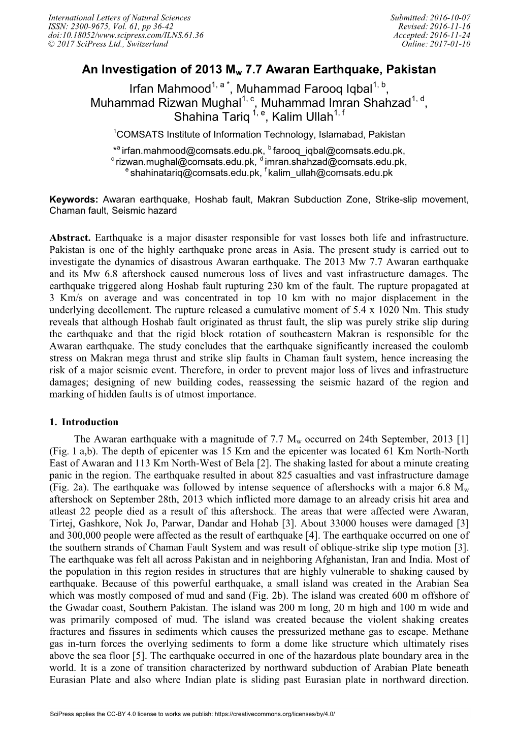 An Investigation of 2013 Mw 7.7 Awaran Earthquake, Pakistan