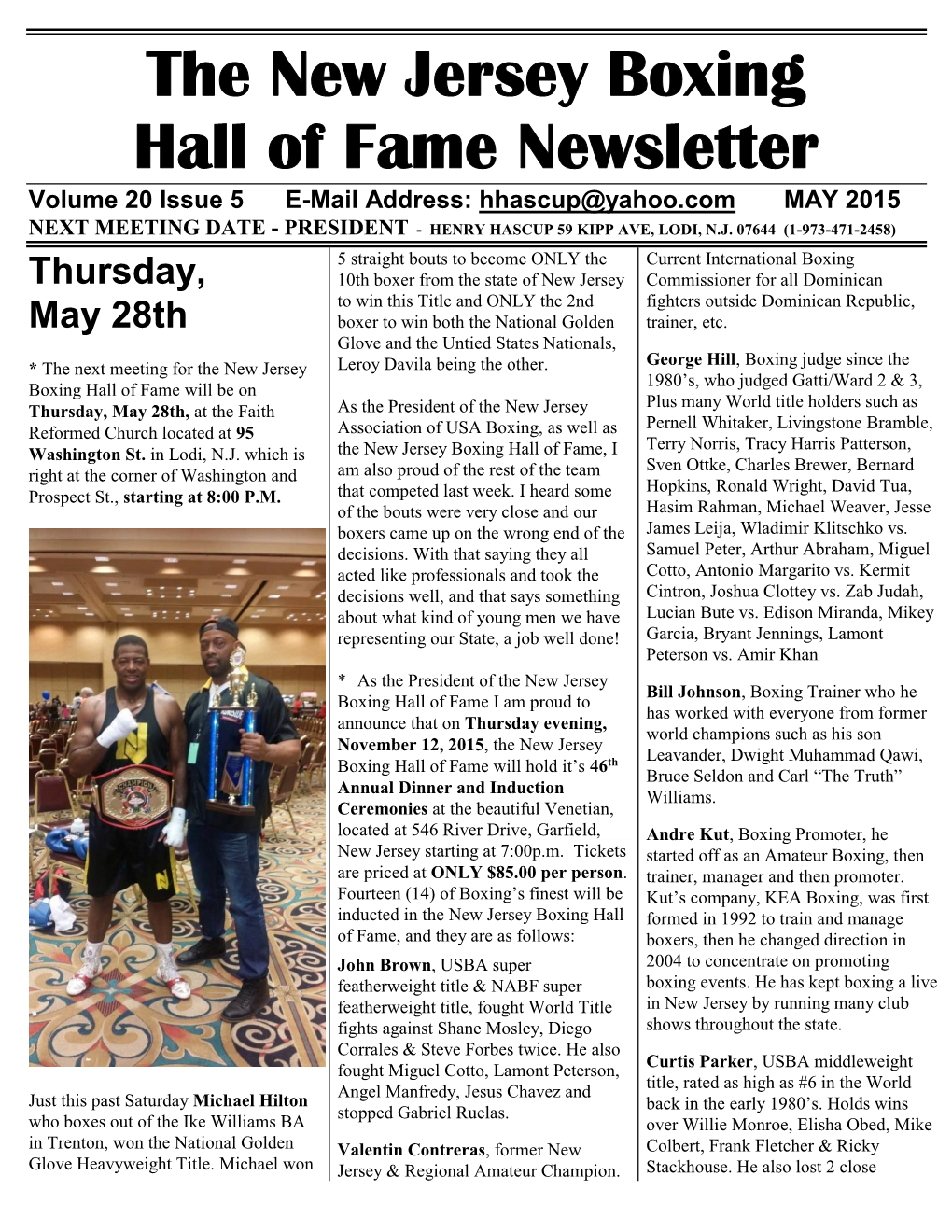 N.J. Boxing Hall of Fame Newsletter May 2015