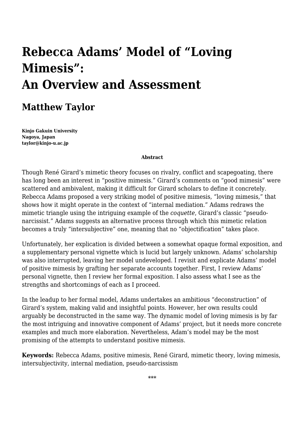 Rebecca Adams' Model of “Loving Mimesis”: an Overview and Assessment