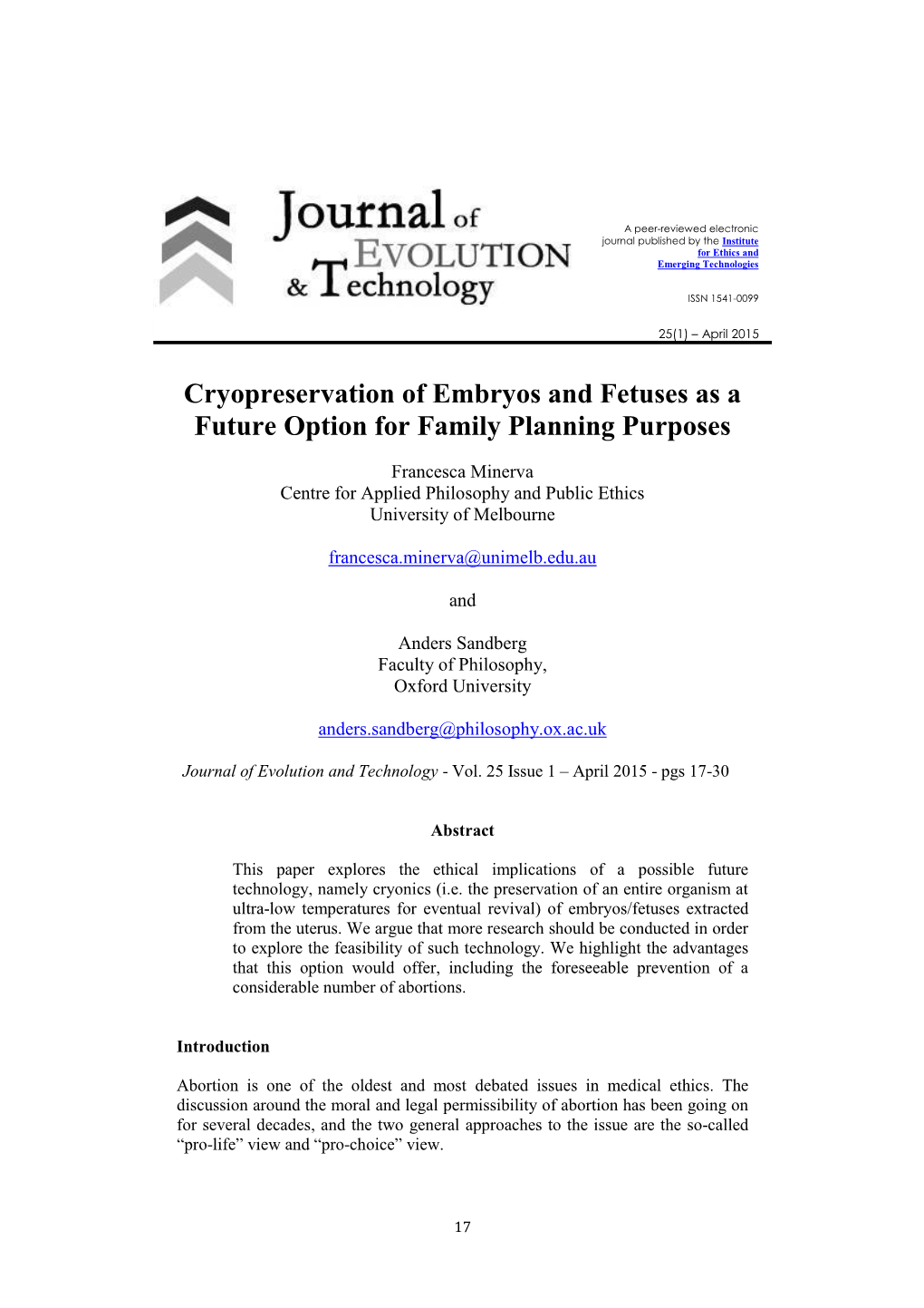 Cryopreservation of Embryos and Fetuses As a Future Option for Family Planning Purposes