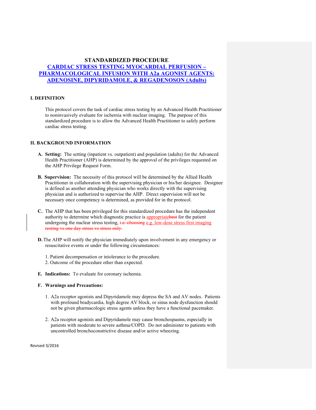 Standardized Procedure Cardiac Stress Testing