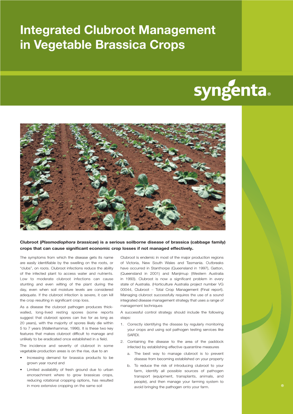 Integrated Clubroot Management in Vegetable Brassica Crops