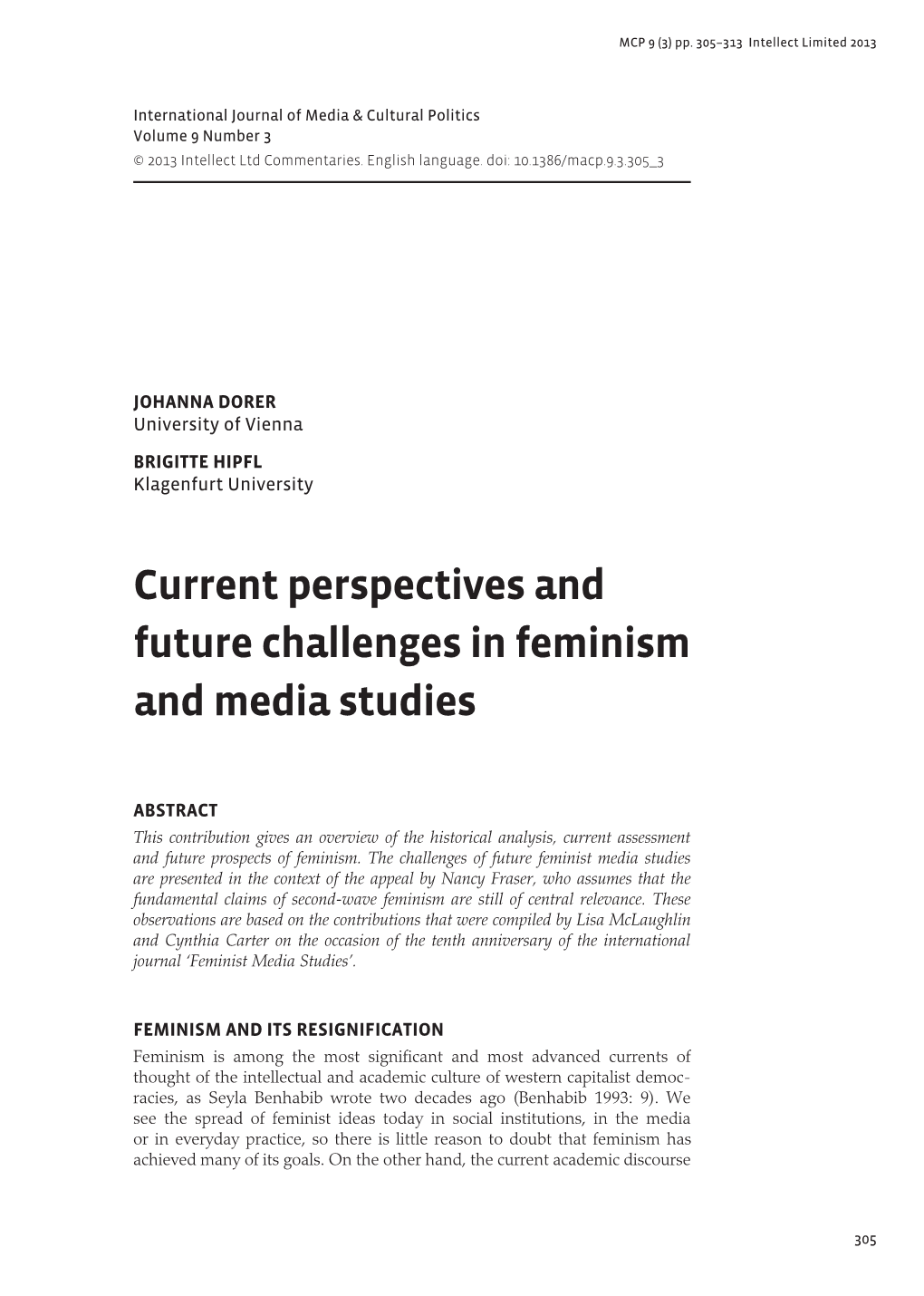 Current Perspectives and Future Challenges in Feminism and Media Studies