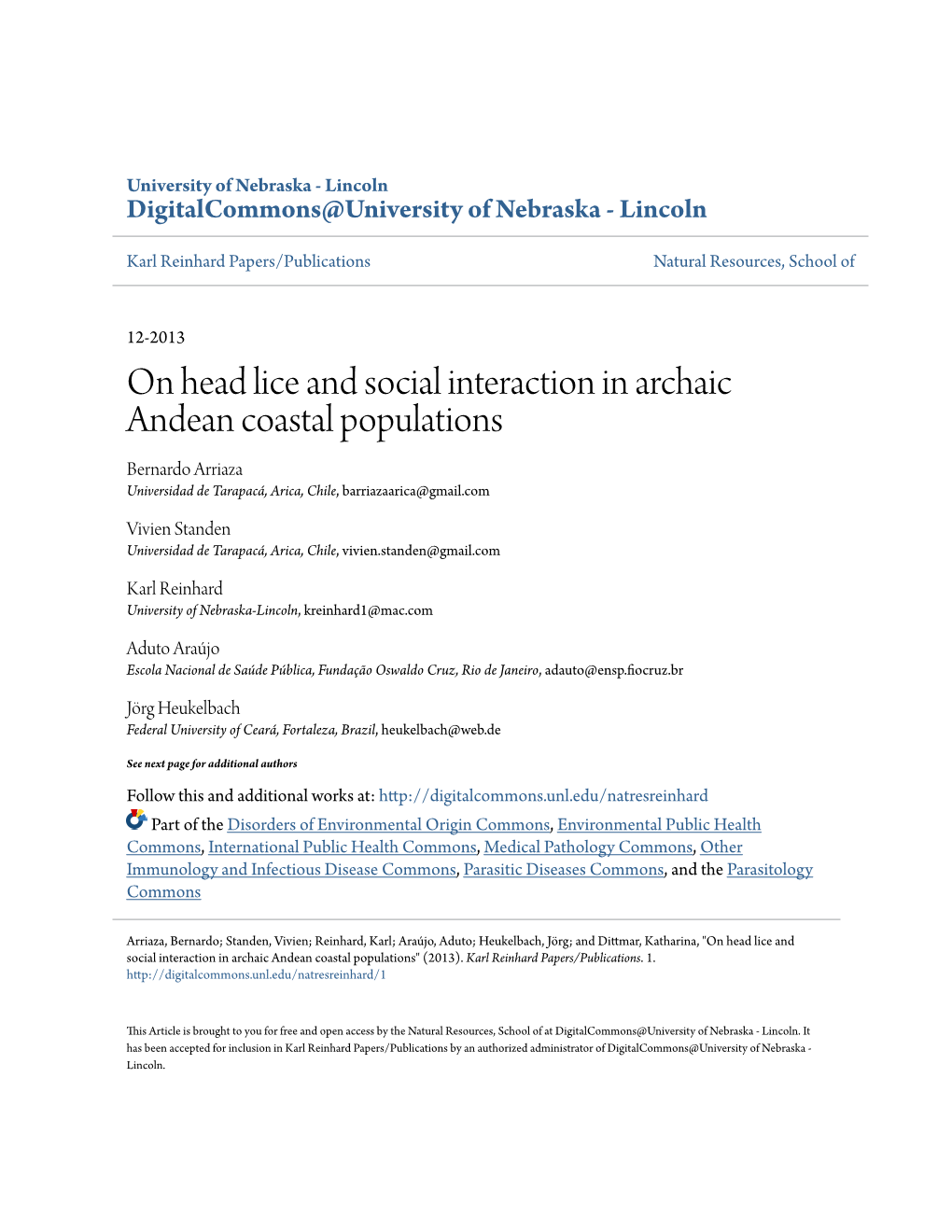 On Head Lice and Social Interaction in Archaic Andean Coastal Populations Bernardo Arriaza Universidad De Tarapacá, Arica, Chile, Barriazaarica@Gmail.Com