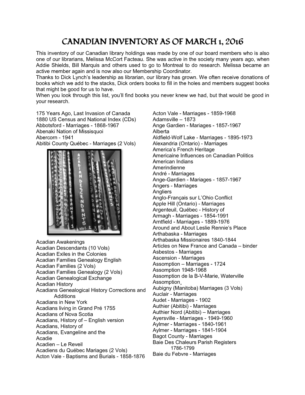 Canadian Inventory As of March 1, 2016