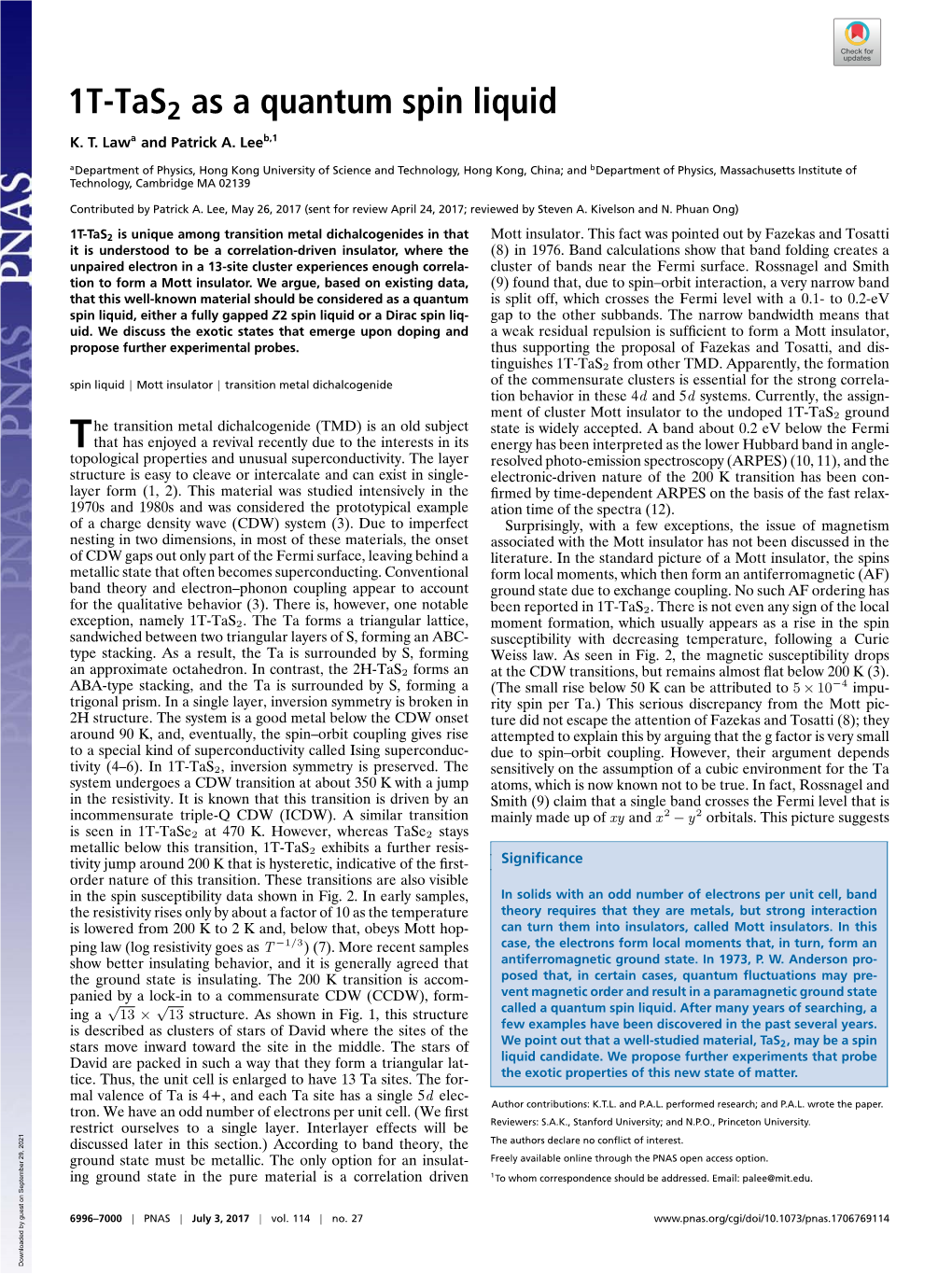 1T-Tas2 As a Quantum Spin Liquid K