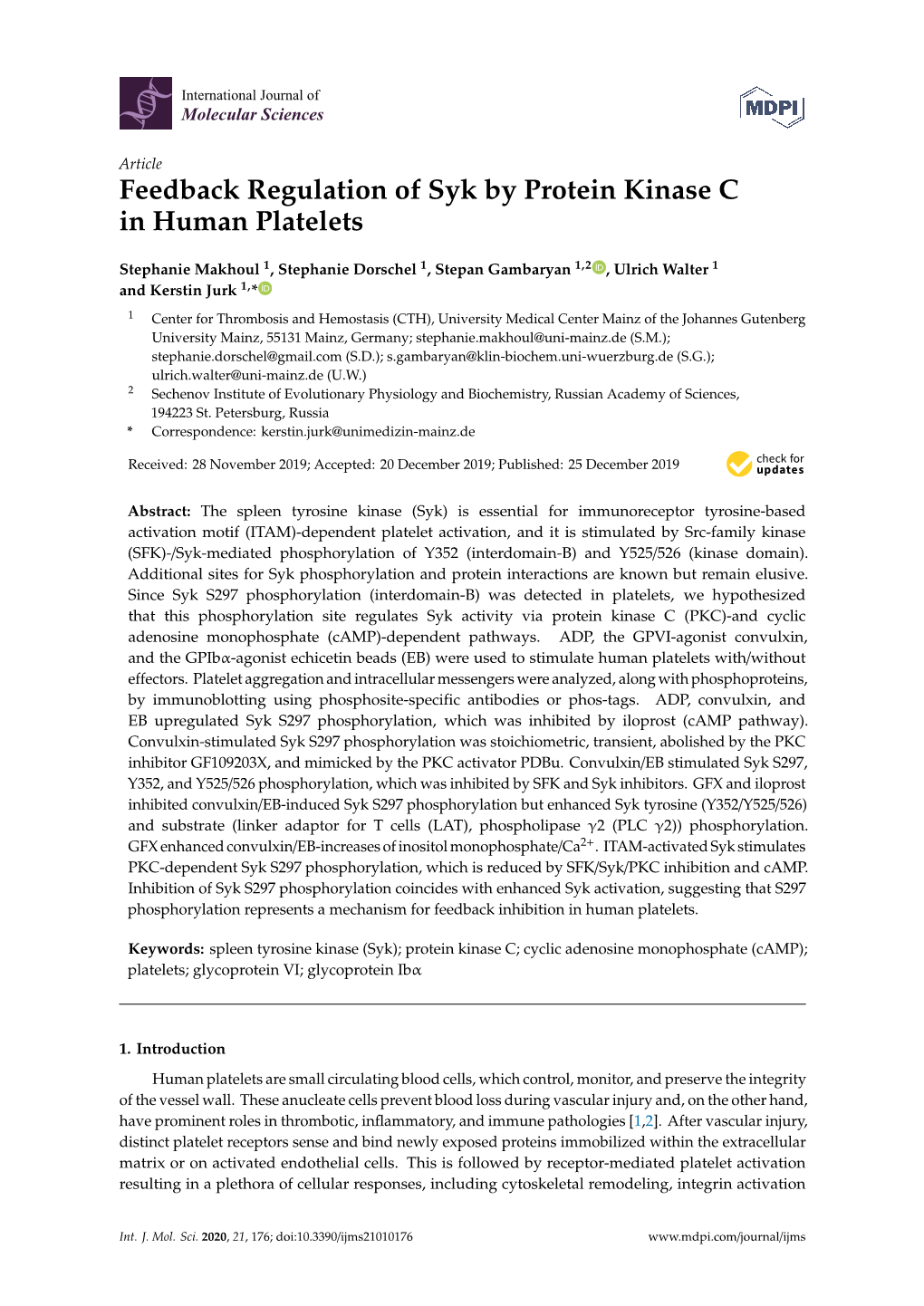 Feedback Regulation of Syk by Protein Kinase C in Human Platelets