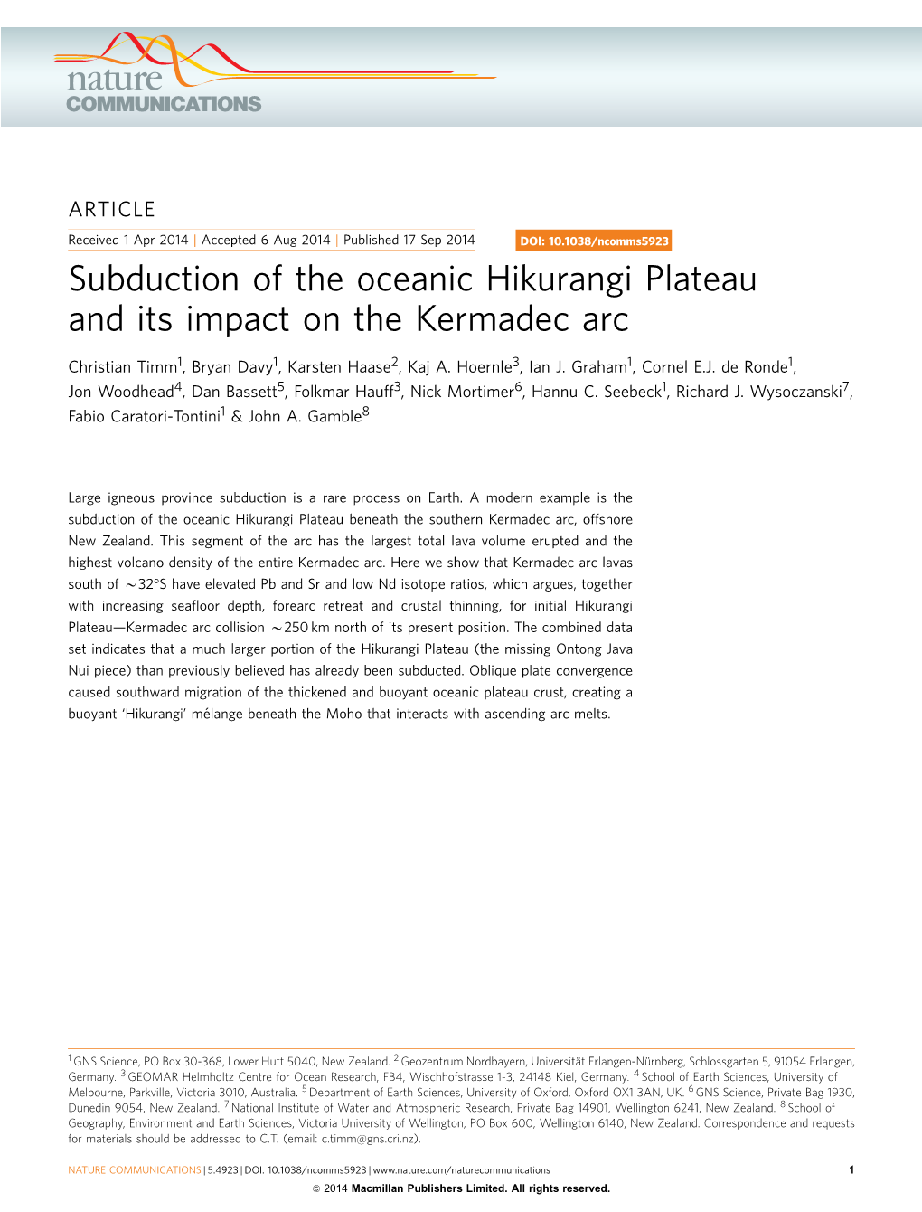 Subduction of the Oceanic Hikurangi Plateau and Its Impact on the Kermadec Arc