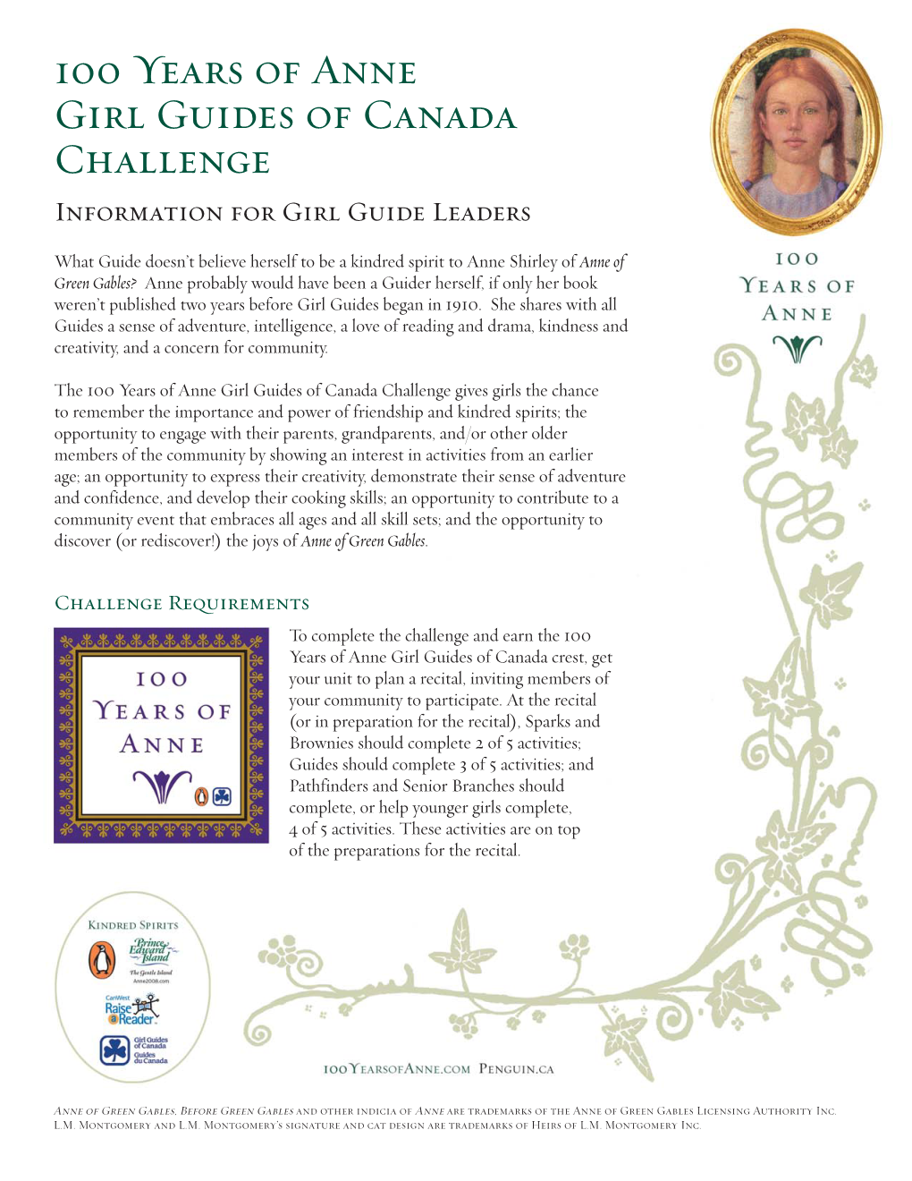 100 Years of Anne Girl Guides of Canada Challenge Information for Girl Guide Leaders