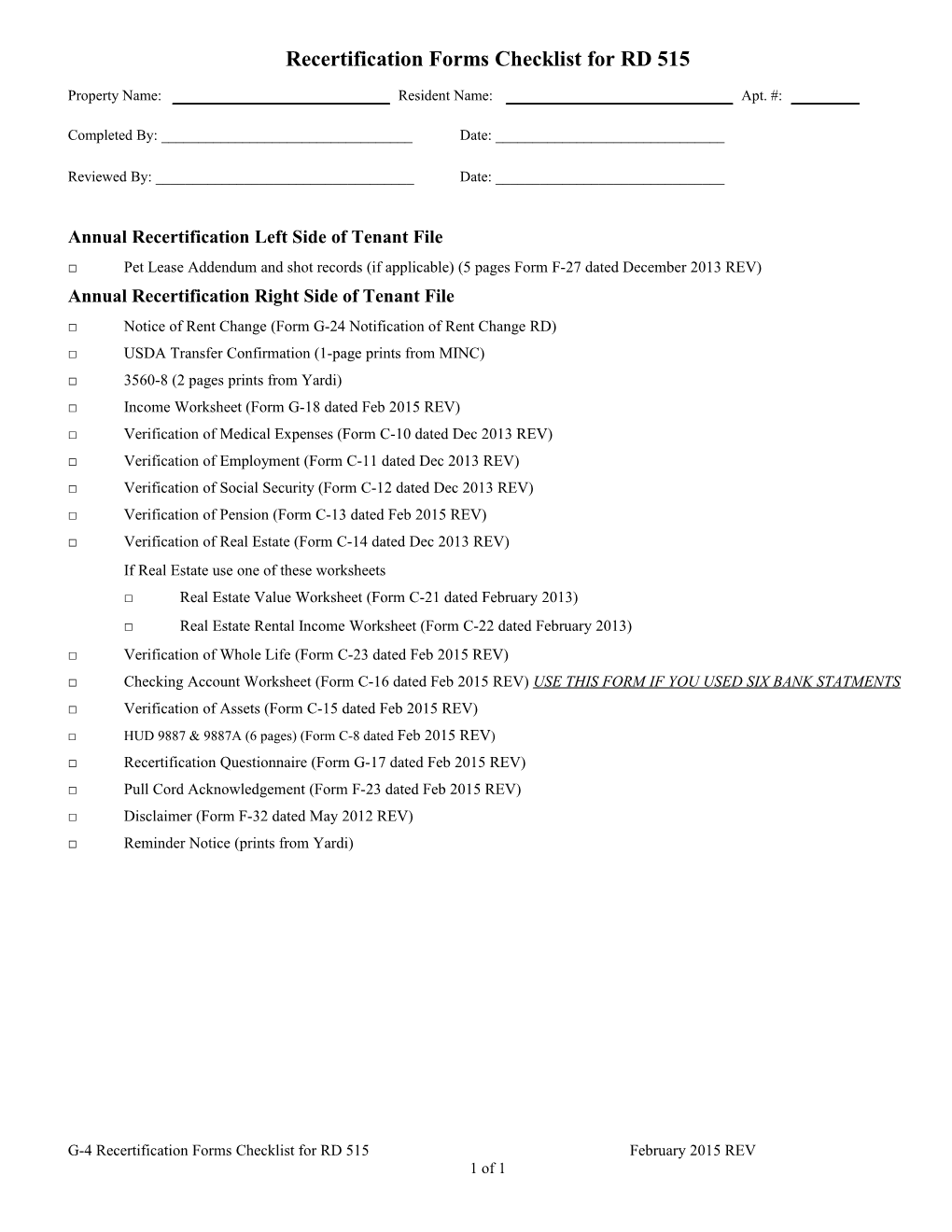 Move in Paperwork Checklist