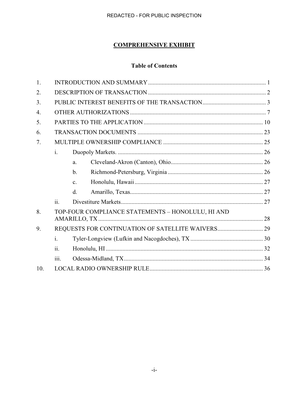 I- COMPREHENSIVE EXHIBIT Table of Contents 1