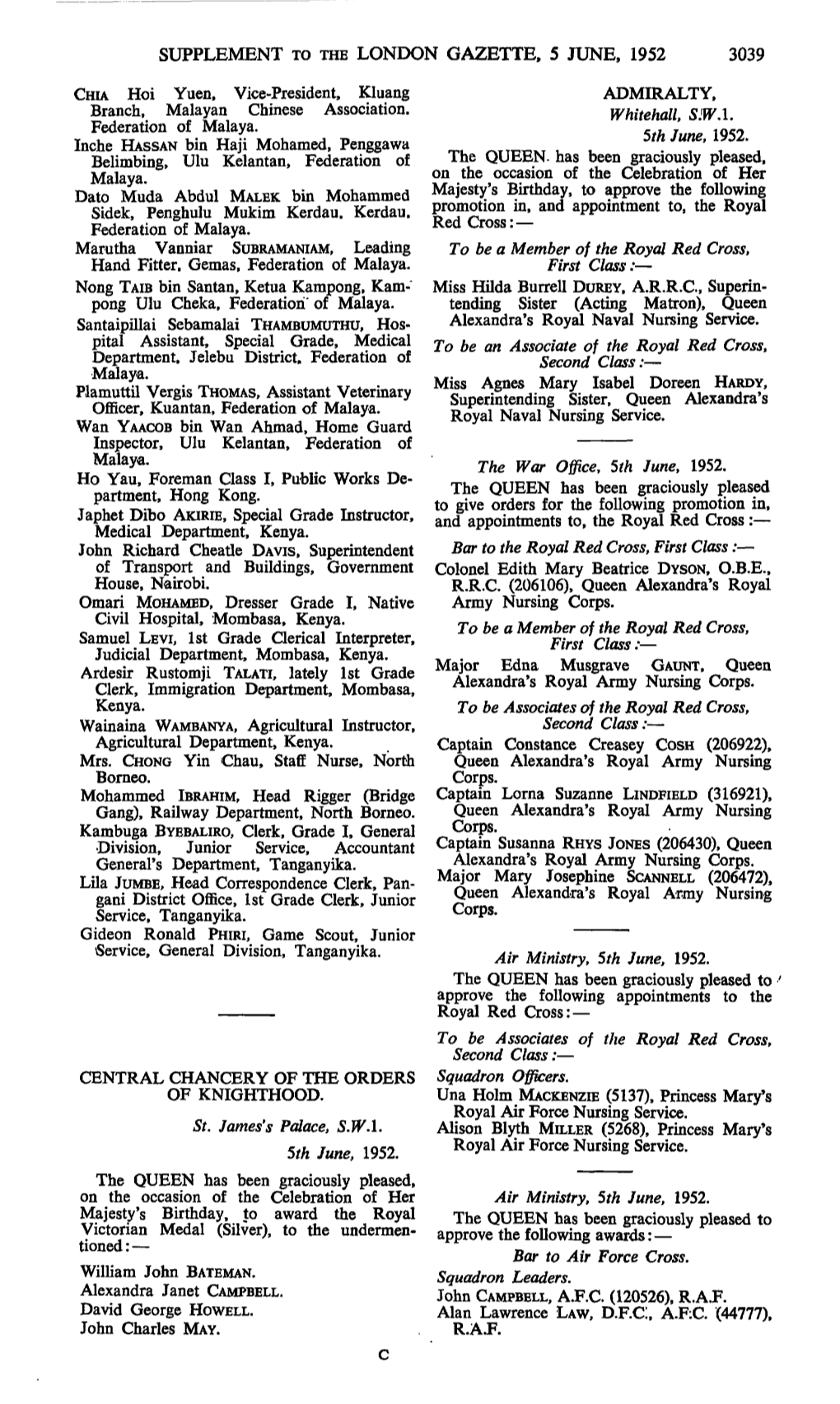 Supplement to the London Gazette, 5 June, 1952 3039