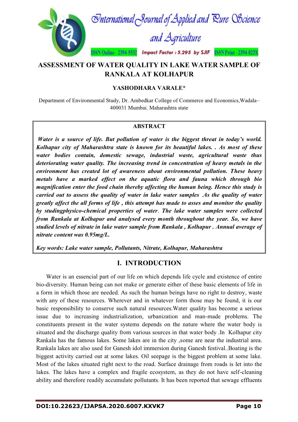 Assessment of Water Quality in Lake Water Sample of Rankala at Kolhapur