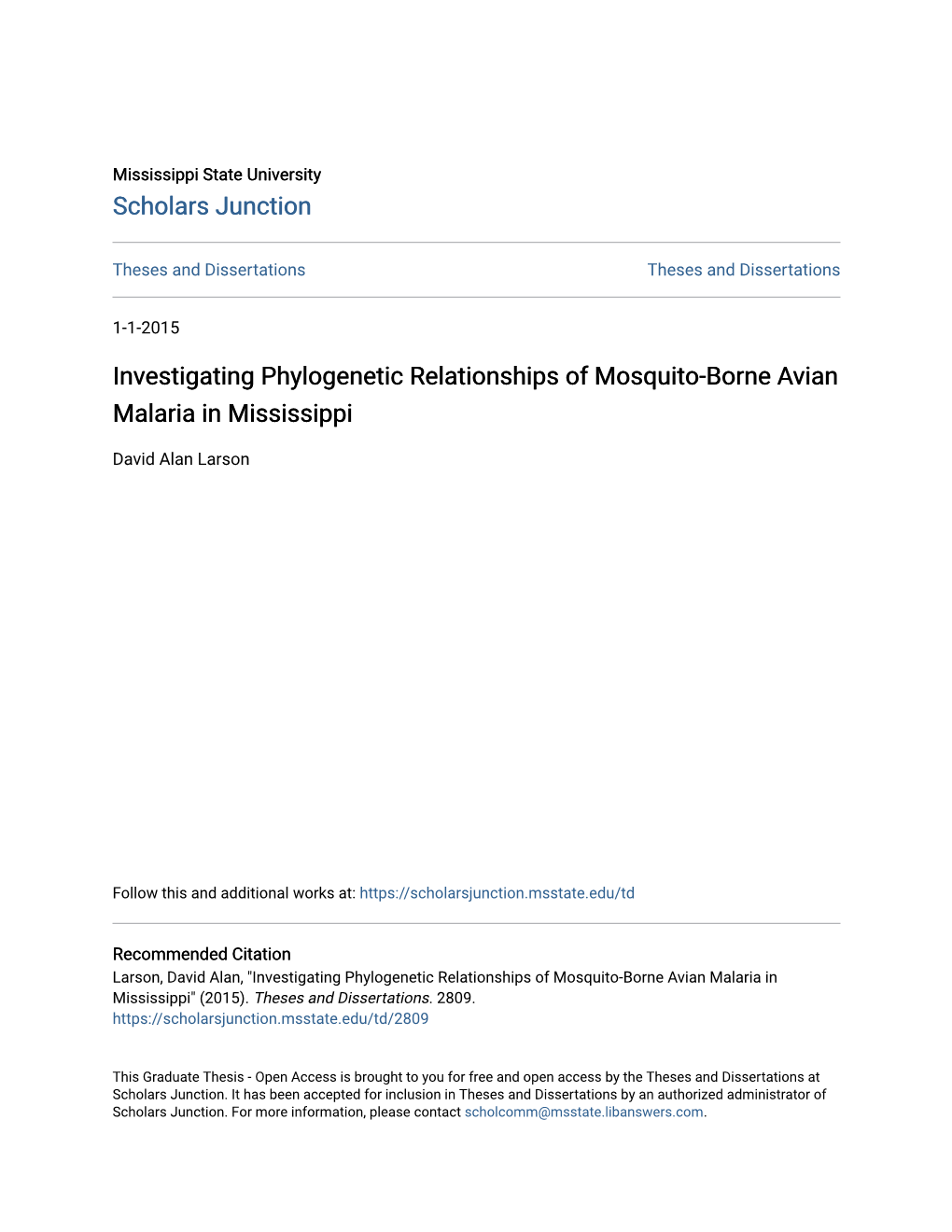 Investigating Phylogenetic Relationships of Mosquito-Borne Avian Malaria in Mississippi