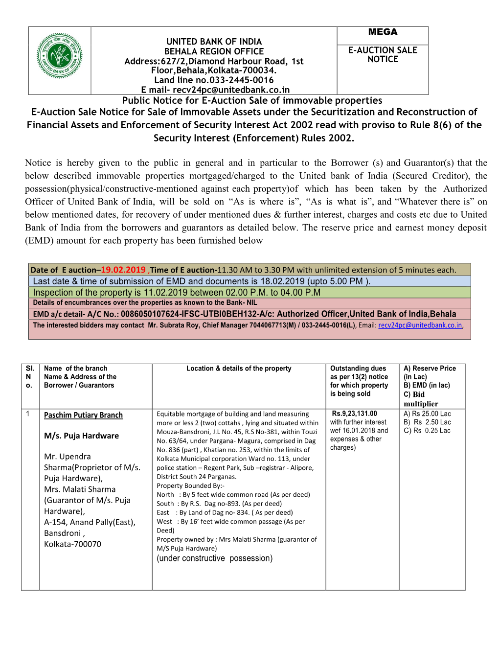 Public Notice for E-Auction Sale of Immovable Properties E-Auction Sale Notice for Sale of Immovable Assets Under the Securitiza