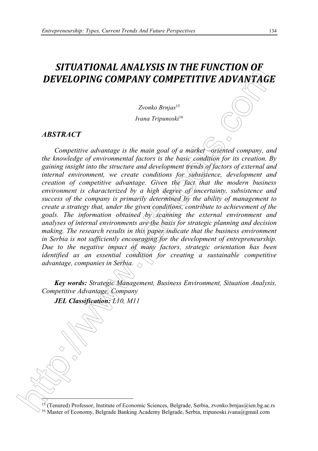 Situational Analysis in the Function of Developing Company Competitive Advantage