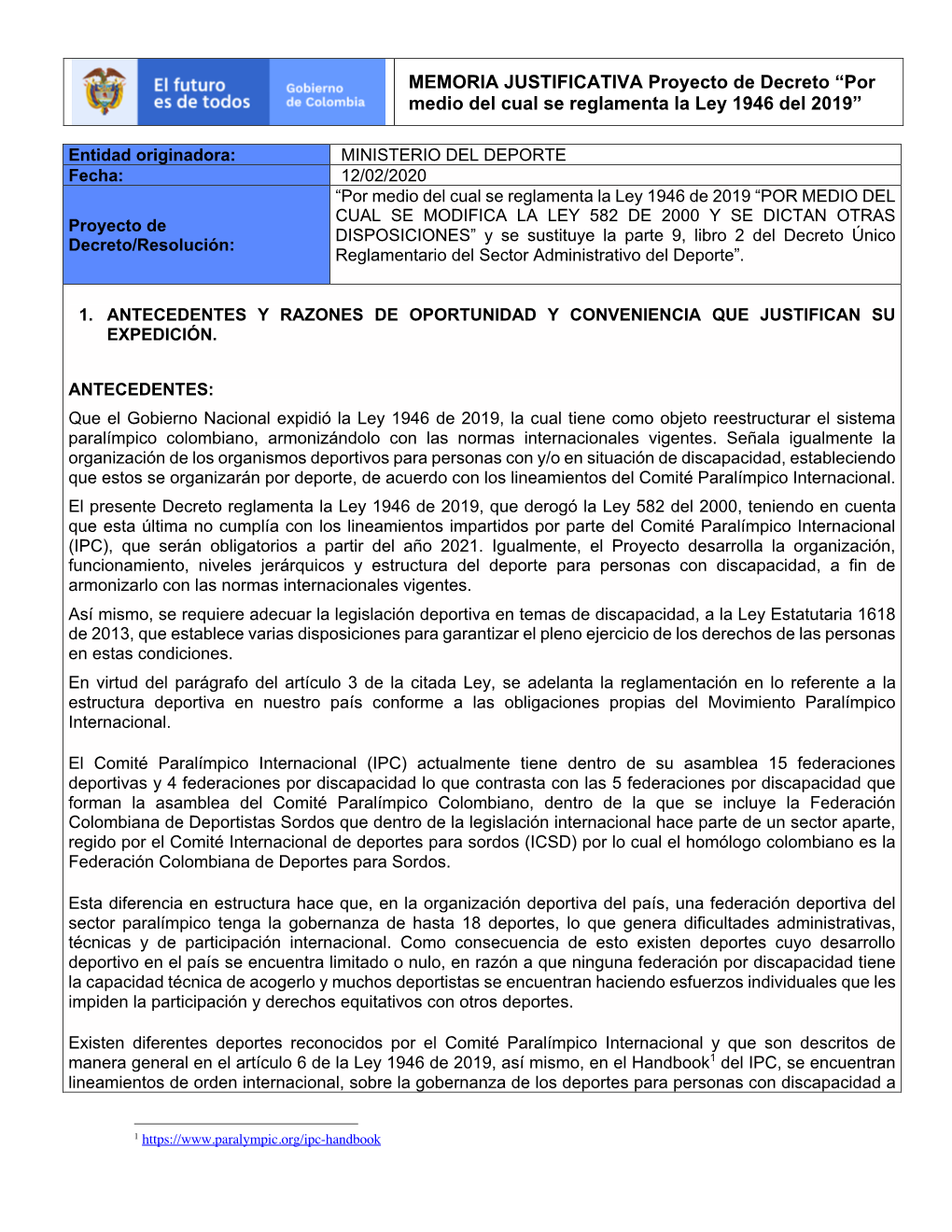 Memoria Justificativa Ley 1946 De 2019