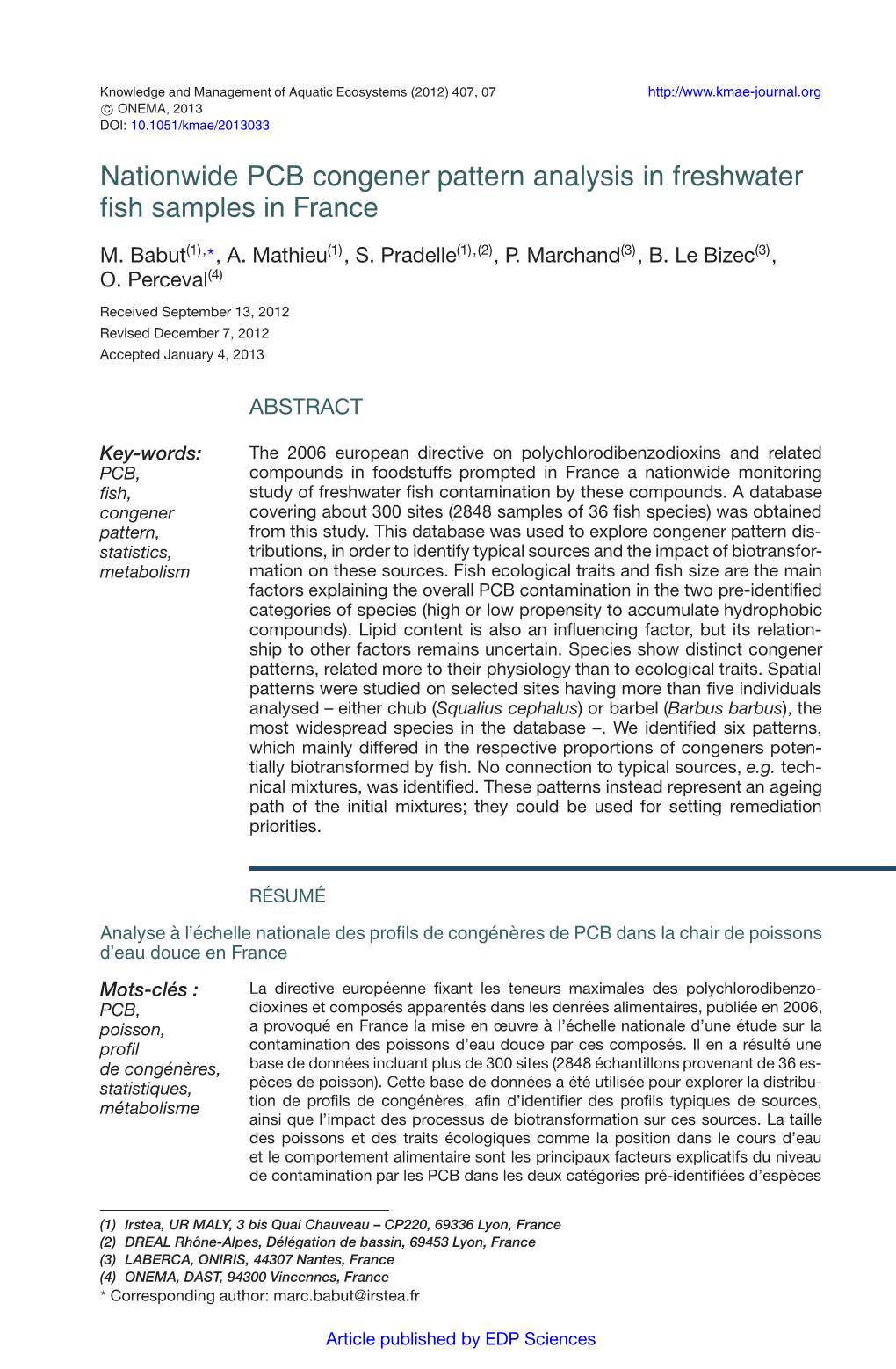 Nationwide PCB Congener Pattern Analysis in Freshwater Fish Samples