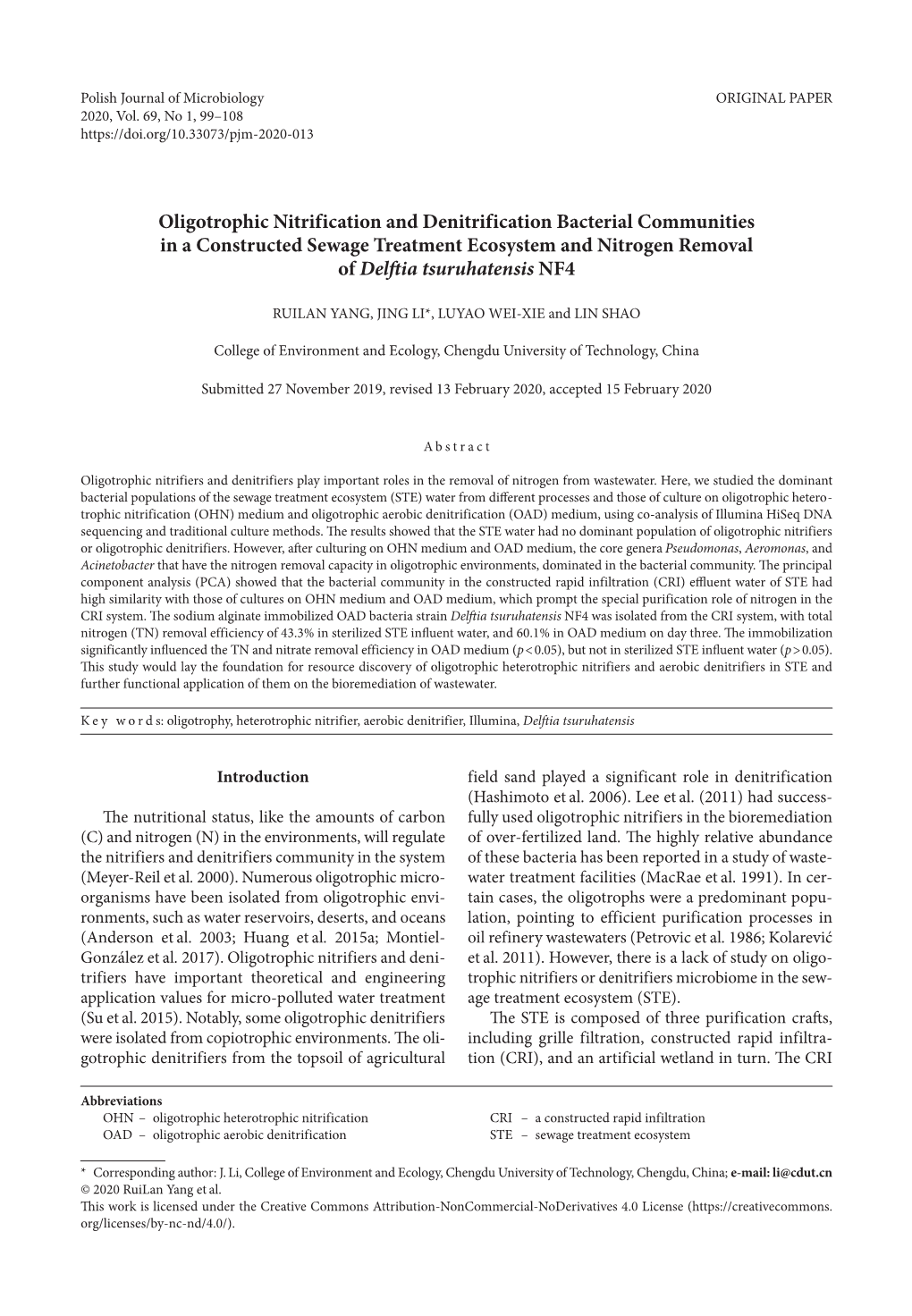 Oligotrophic Nitrification and Denitrification Bacterial Communities in a Constructed Sewage Treatment Ecosystem and Nitrogen Removal of Delftia Tsuruhatensis NF4