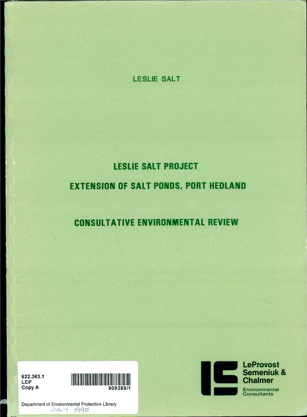Leslie Salt Project Extension of Salt Ponds, Port Hedland Consultative Environmental Review