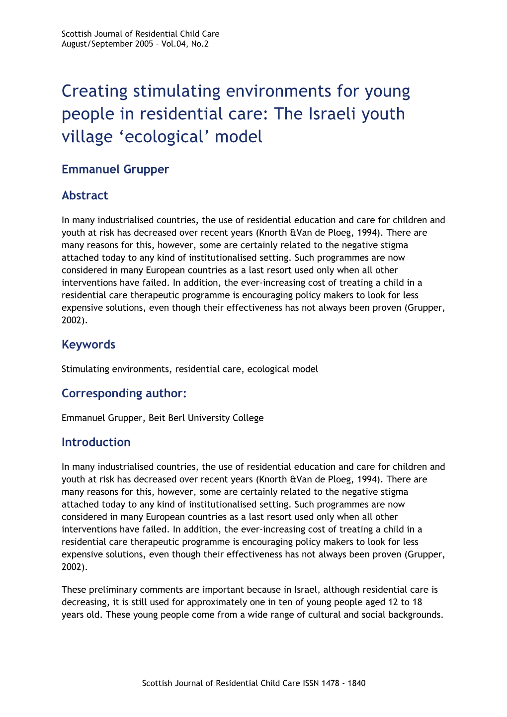 Creating Stimulating Environments for Young People in Residential Care: the Israeli Youth Village ‘Ecological’ Model