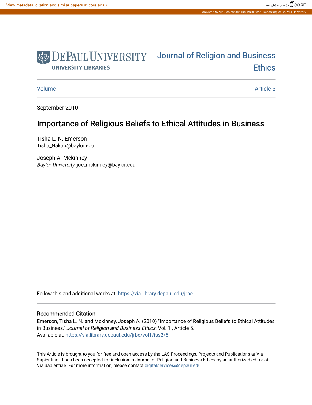 Importance of Religious Beliefs to Ethical Attitudes in Business