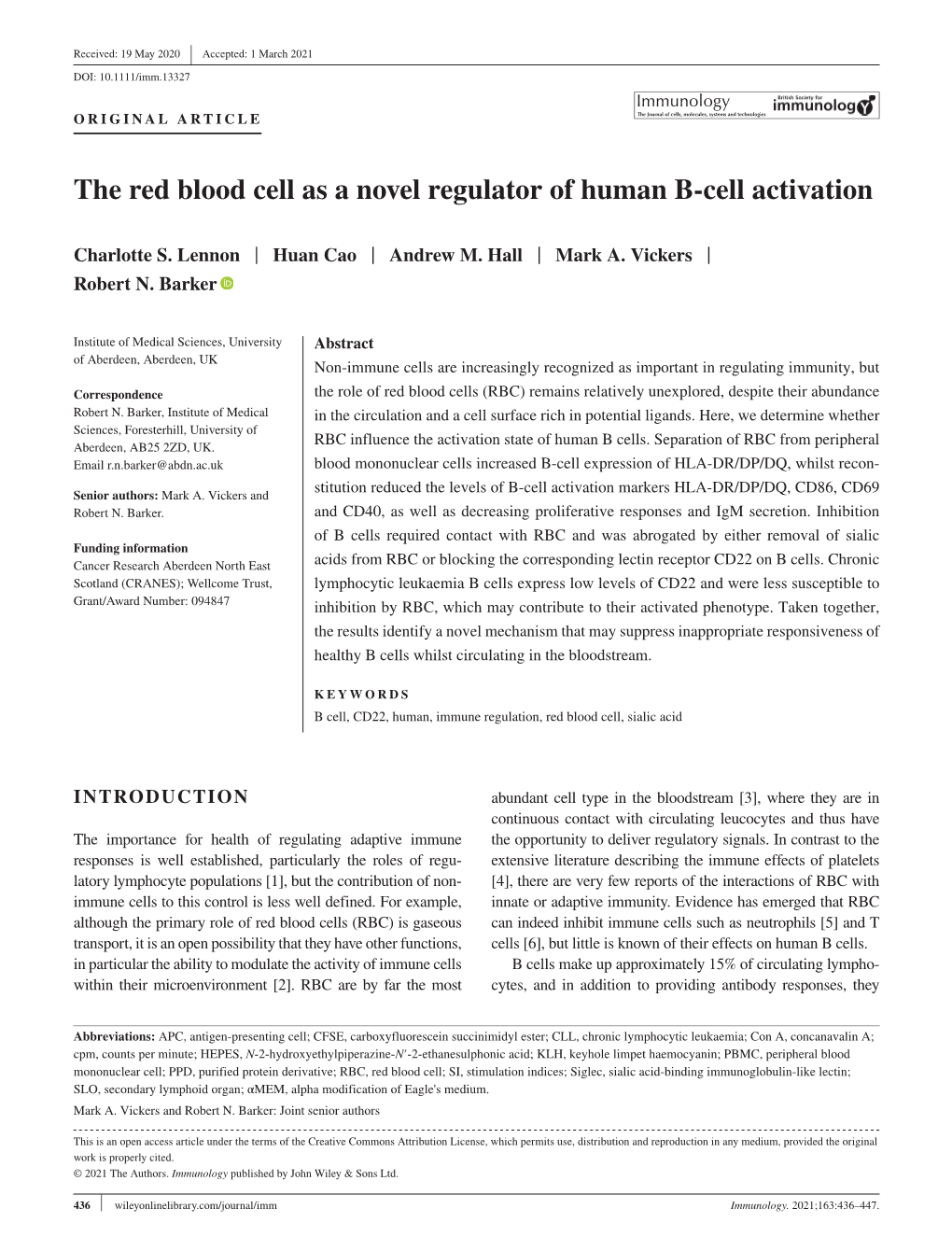 The Red Blood Cell As a Novel Regulator of Human B‐Cell Activation