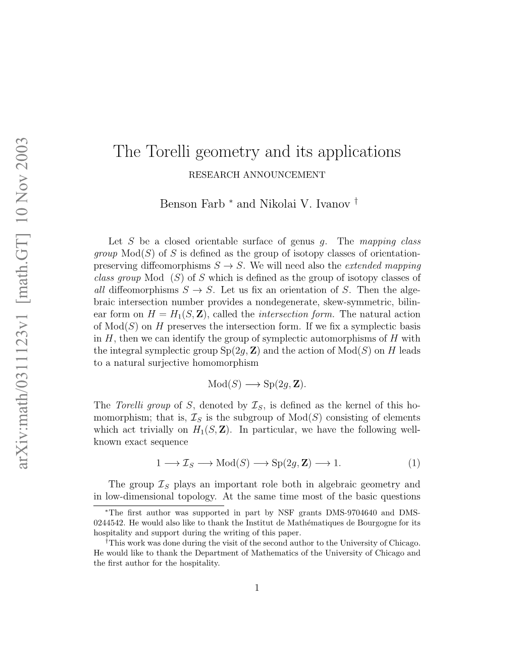 [Math.GT] 10 Nov 2003 the Torelli Geometry and Its Applications