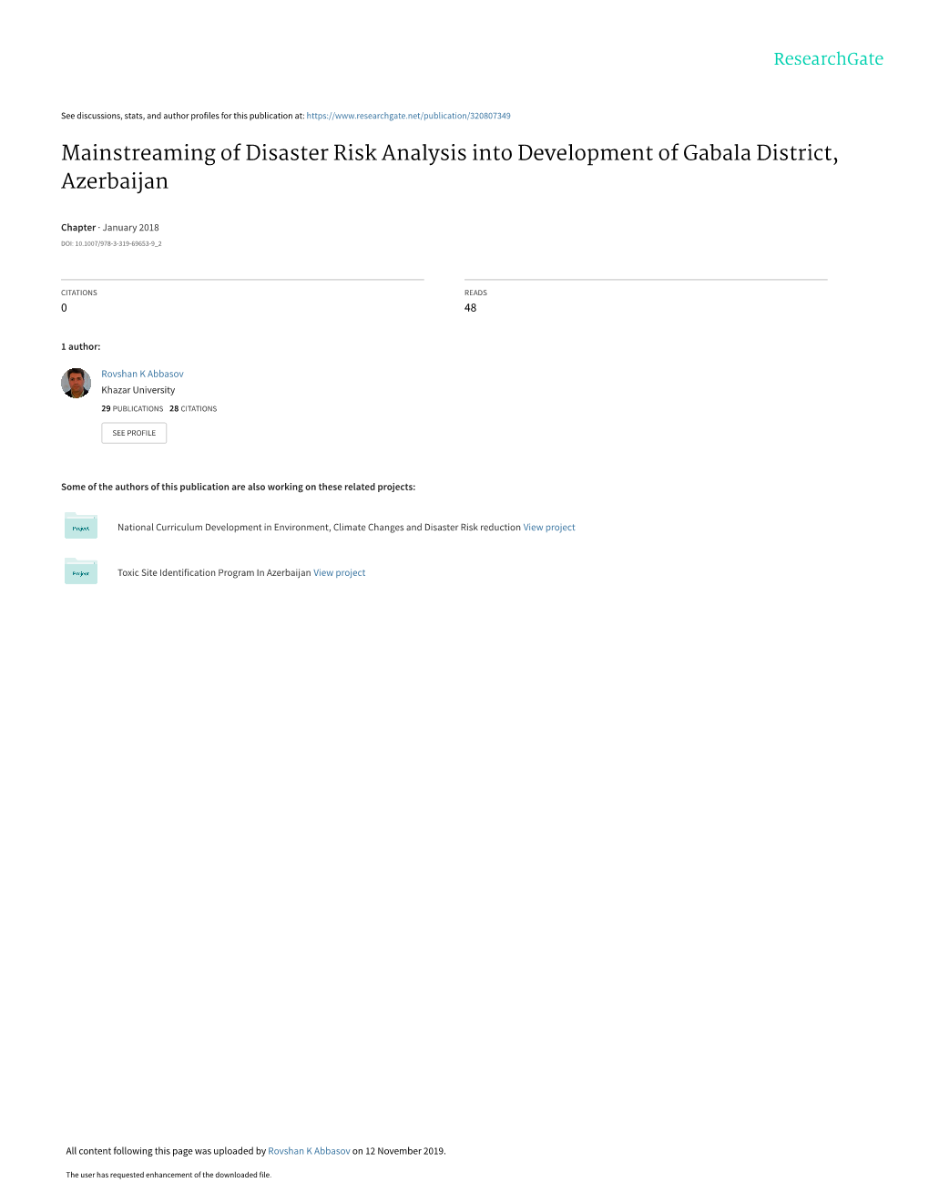 Mainstreaming of Disaster Risk Analysis Into Development of Gabala District, Azerbaijan