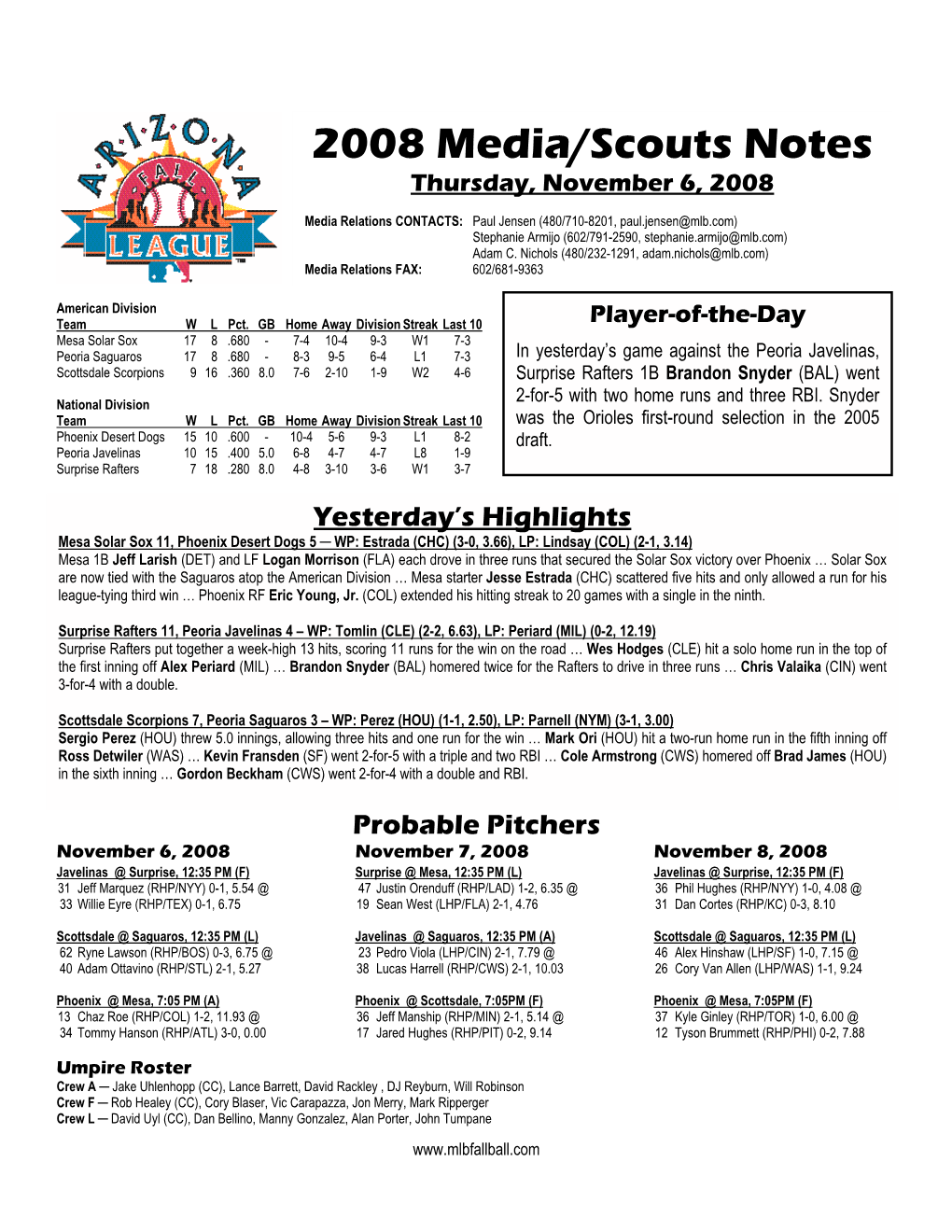 2008 Media/Scouts Notes Thursday, November 6, 2008