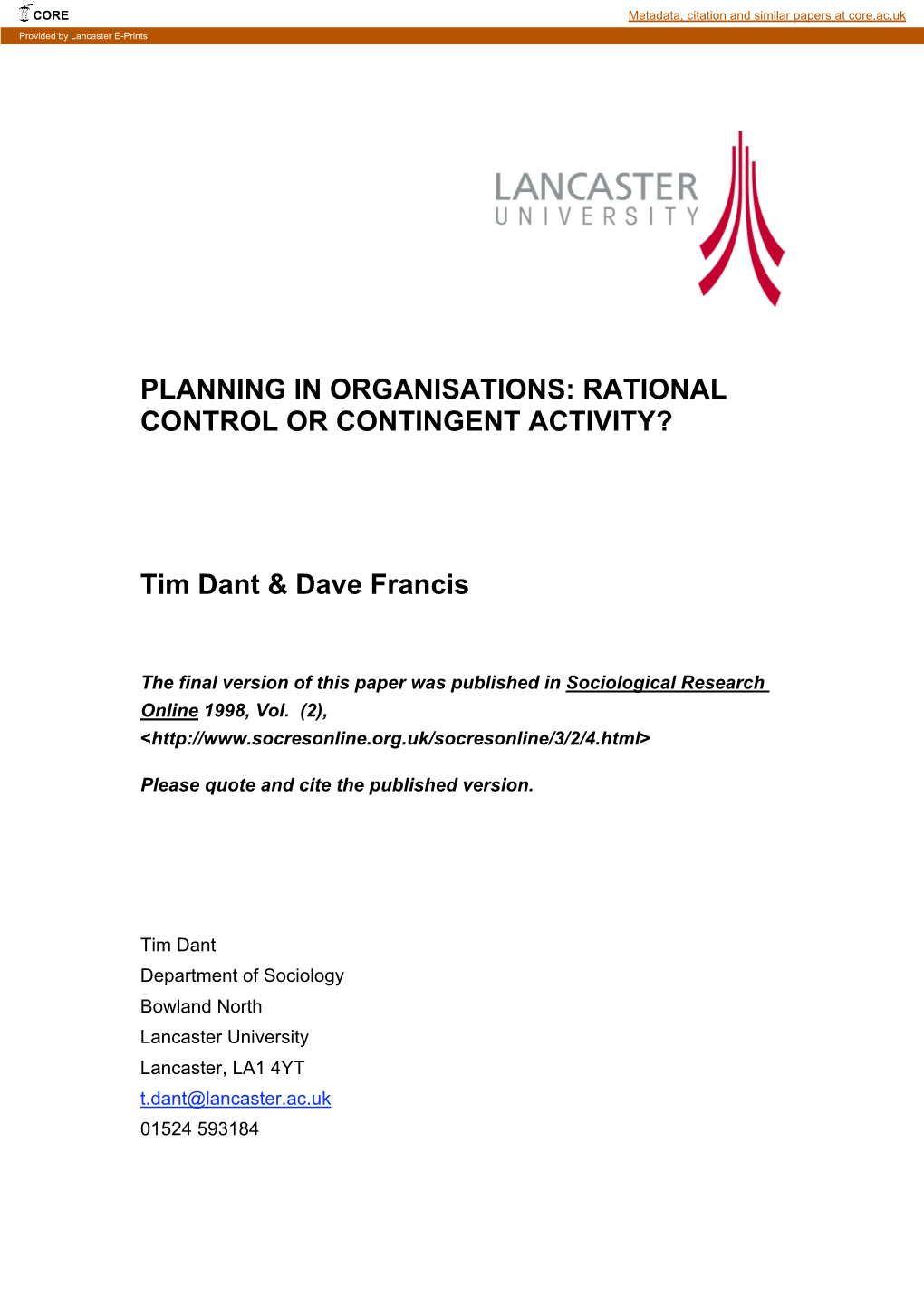 Planning in Organisations: Rational Control Or Contingent Activity?