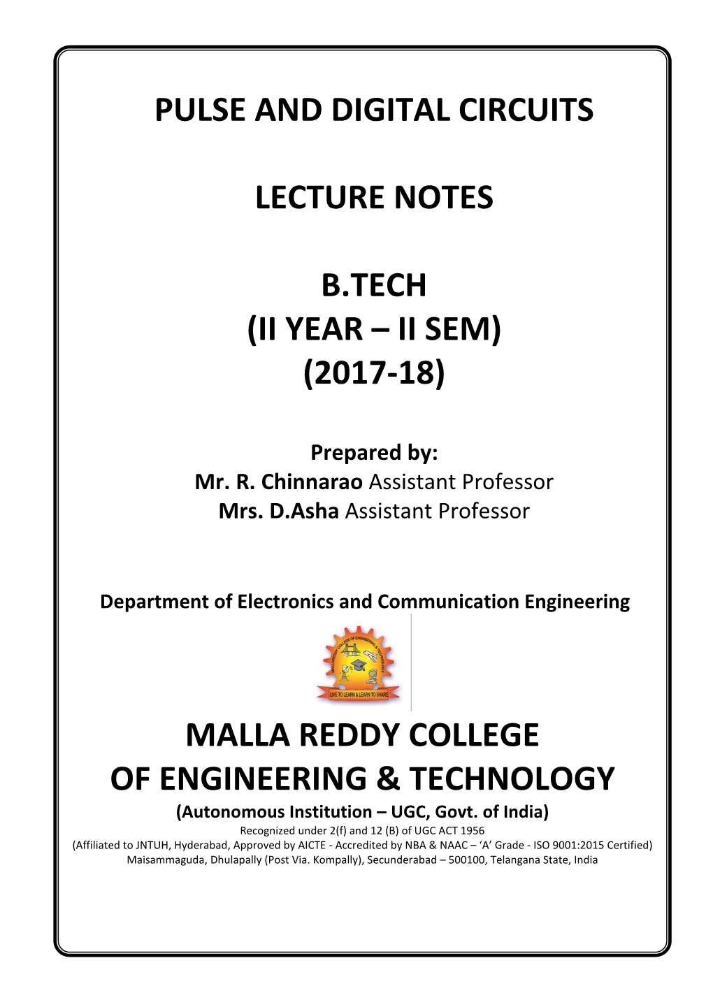 Pulse and Digital Circuits Lecture Notes B.Tech (Ii Year – Ii Sem)