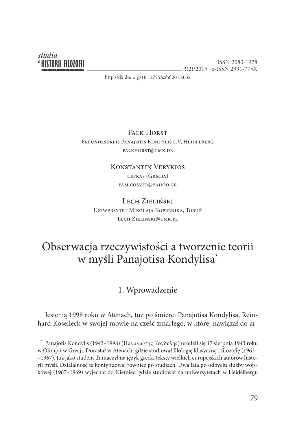 Obserwacja Rzeczywistości a Tworzenie Teorii W Myśli Panajotisa Kondylisa*