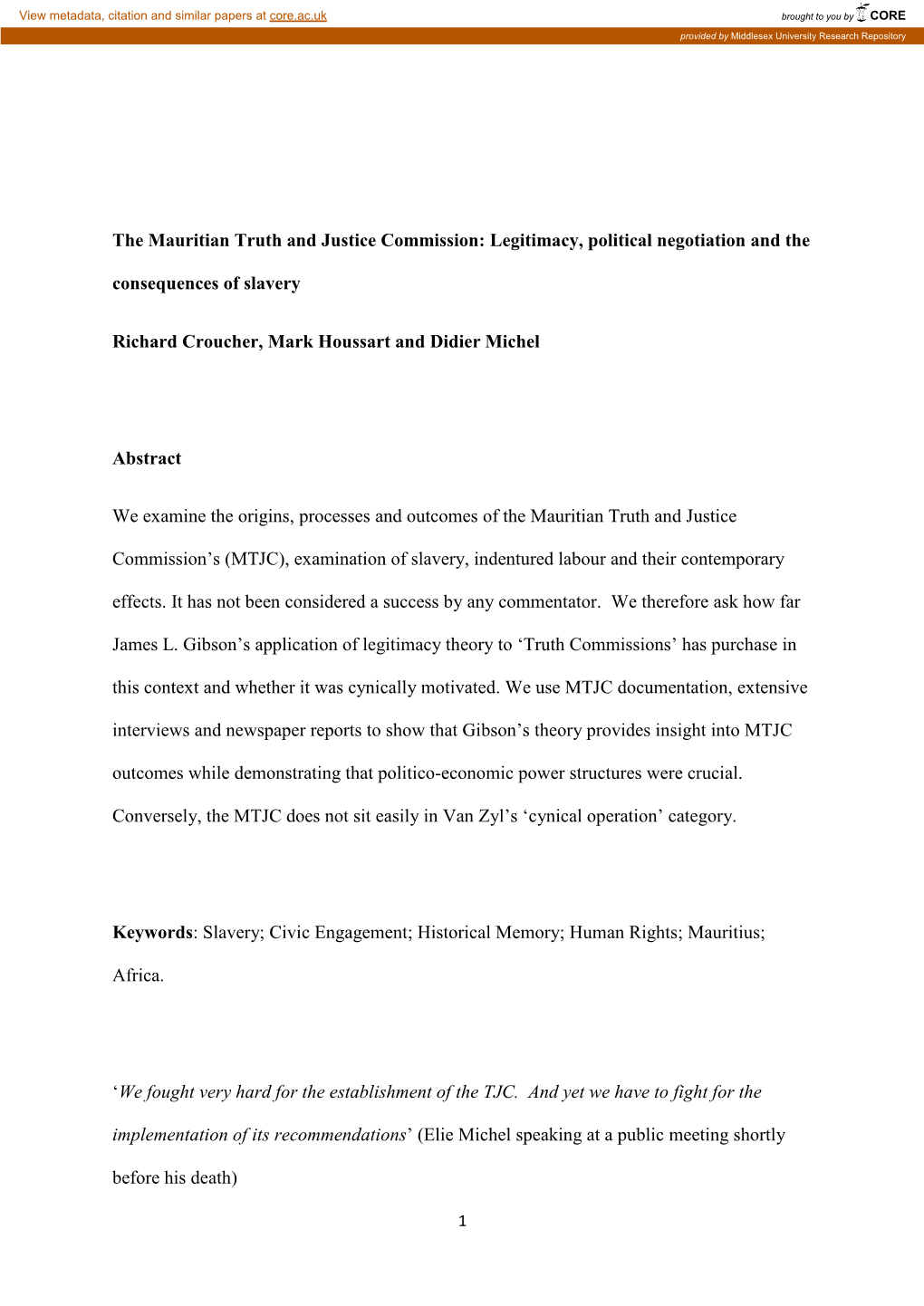 The Mauritian Truth and Justice Commission: Legitimacy, Political Negotiation and The