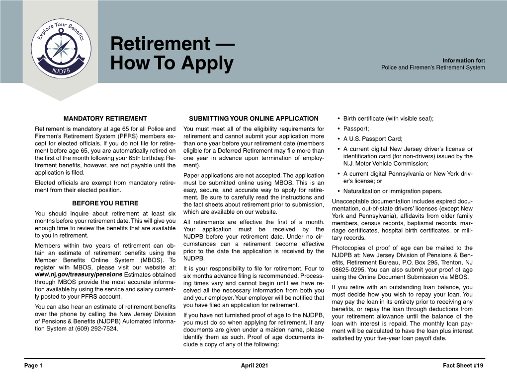 Retirement — Information For: How to Apply Police and Firemen’S Retirement System